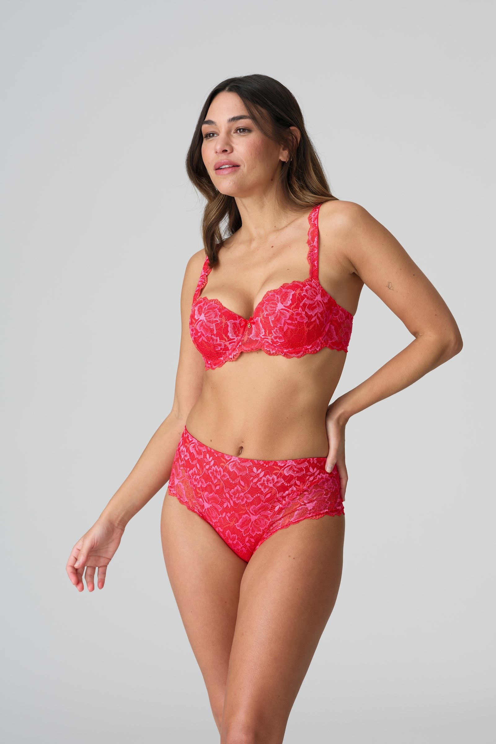 Marie Jo Manyla Padded Balcony Bra styled on model in Pixie Red