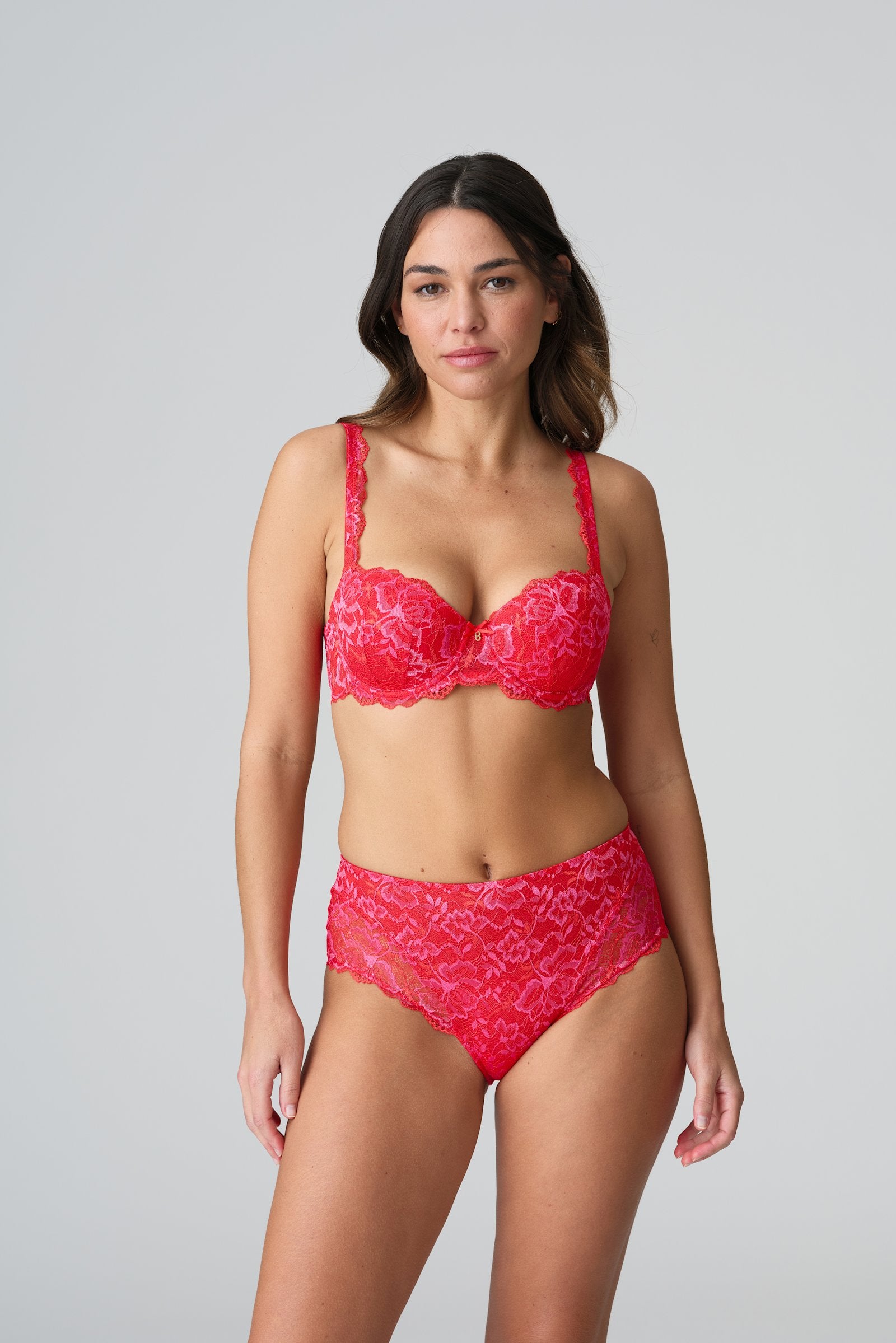 Marie Jo Manyla Padded Balcony Bra styled on model in Pixie Red