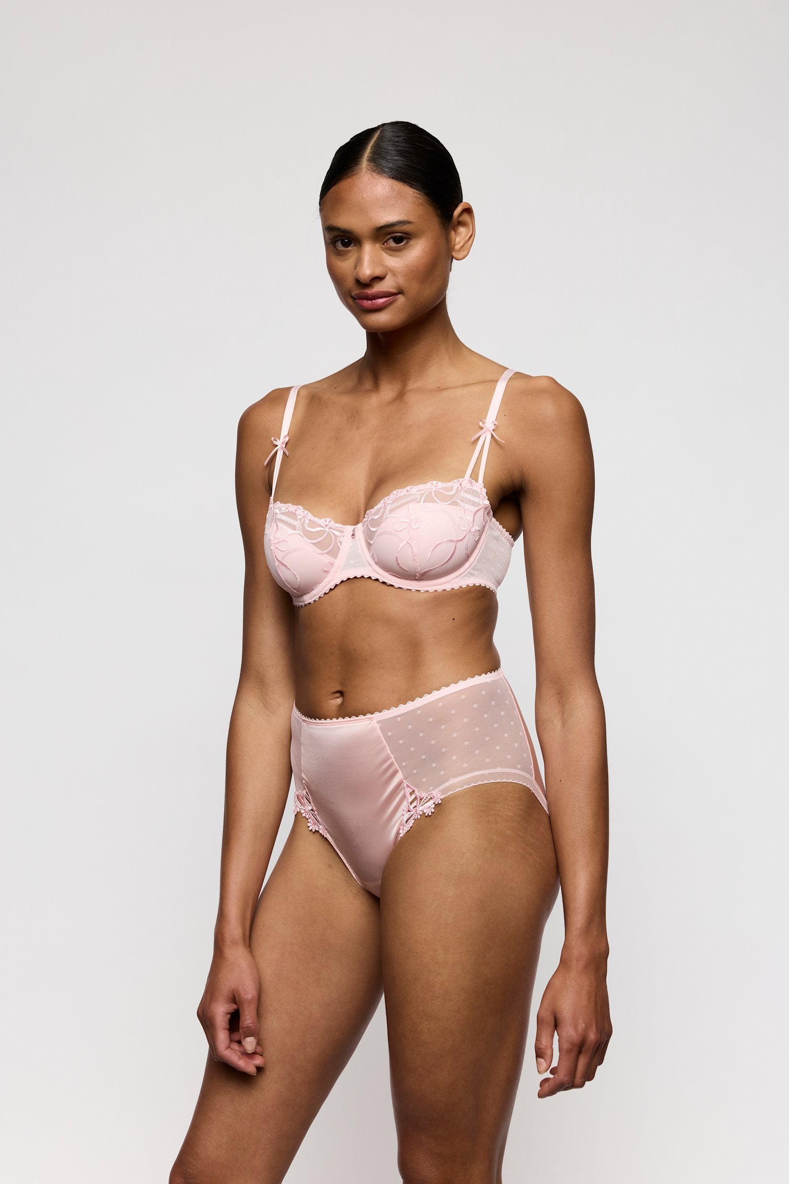 Marie Jo Noova Padded Balcony Bra styled on model in Gardenia Rose