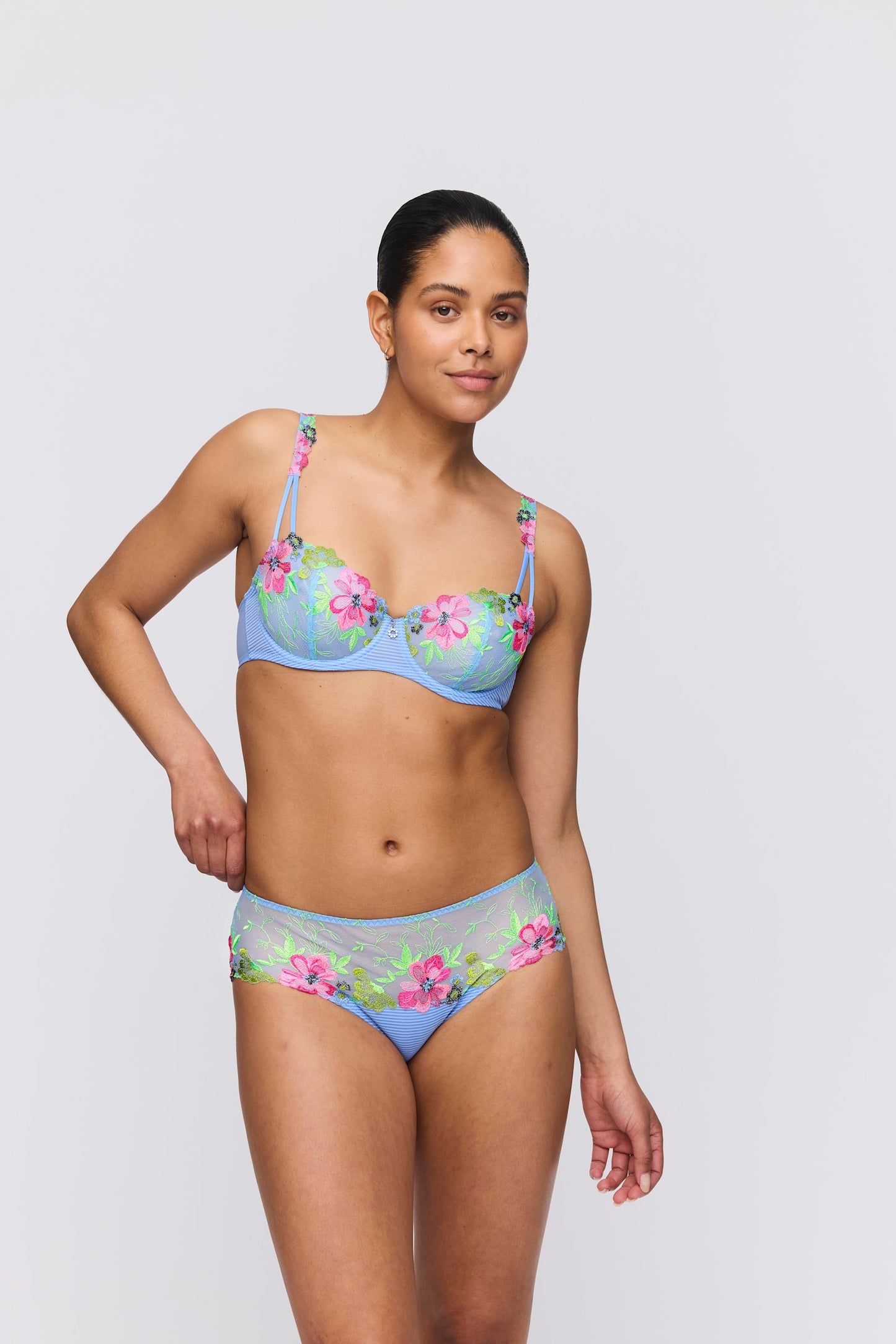 Marie Jo Odilly Balcony Bra styled on model in Santorini Blue