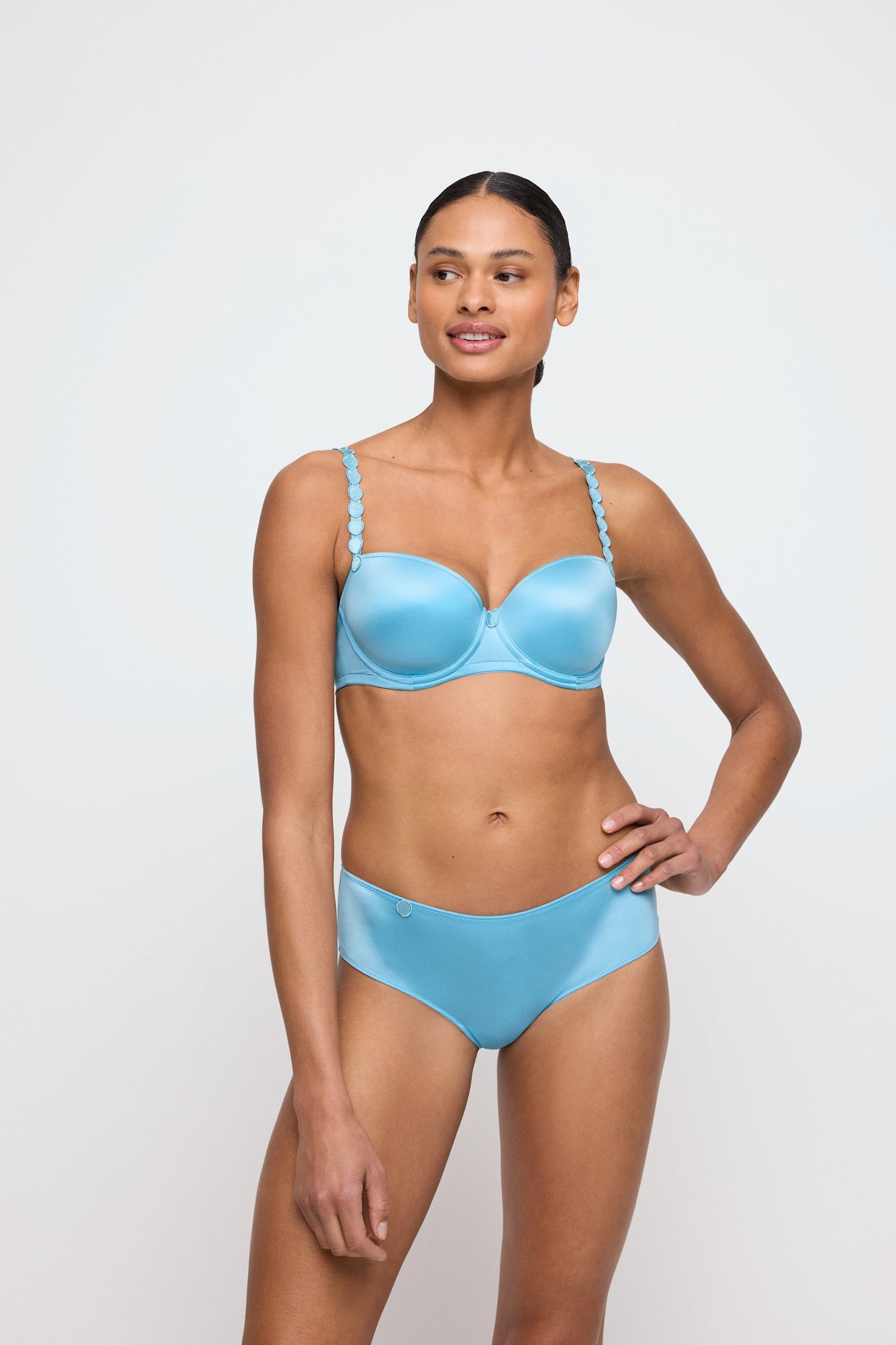 Marie Jo Tom Balcony Bra styled on model in Azure Delight