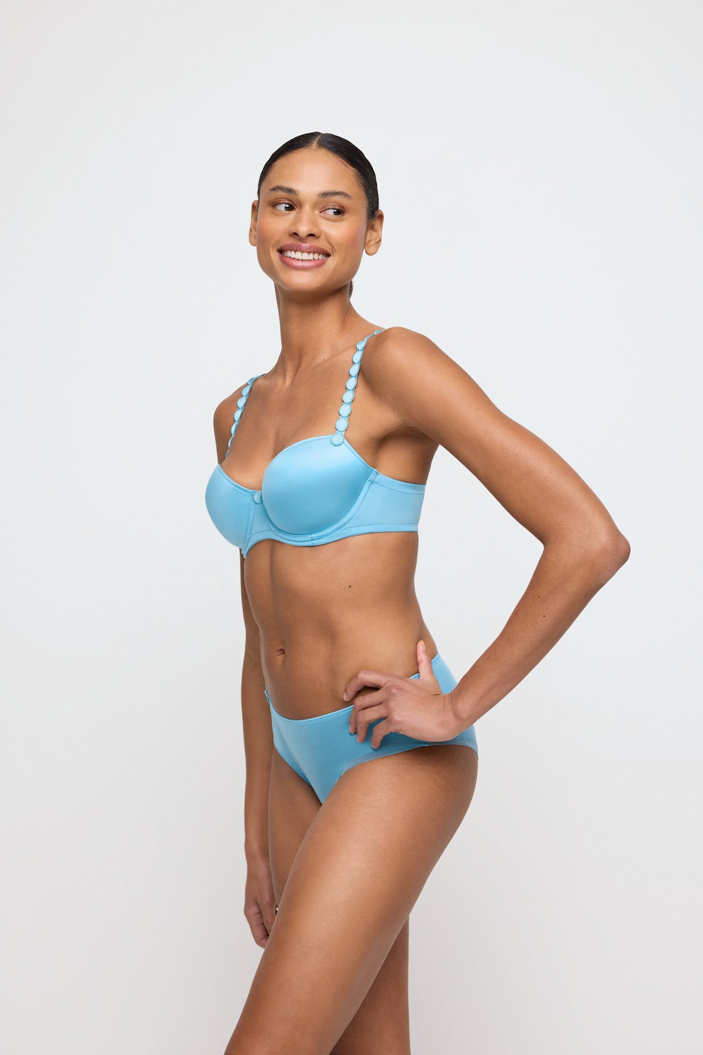 Marie Jo Tom Balcony Bra styled on model in Azure Delight