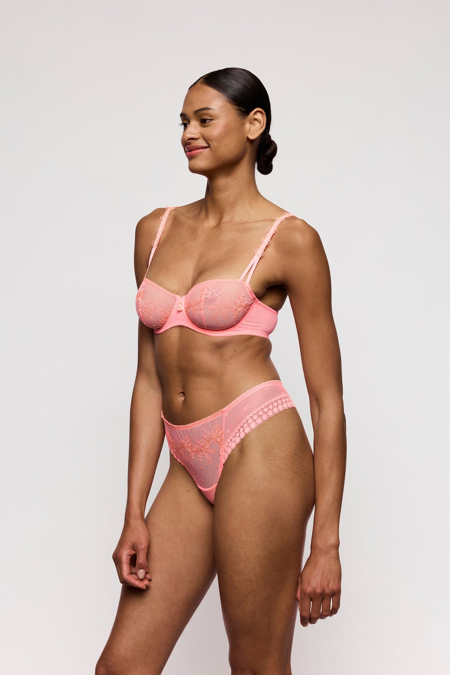 Marie Jo Annaelle Balcony Bra styled on model in Neon Peach