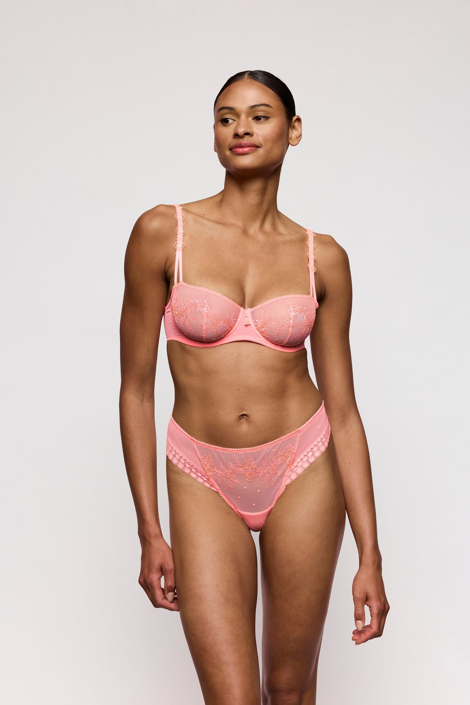 Marie Jo Annaelle Balcony Bra styled on model in Neon Peach