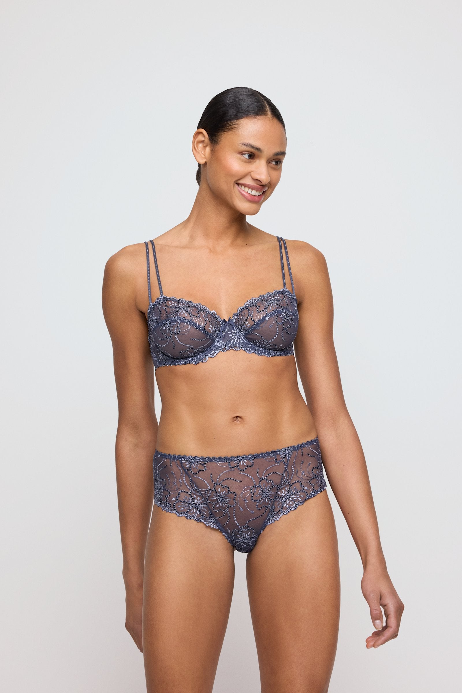 Marie Jo Jane Luxury Thong styled on model in Blue Shadow