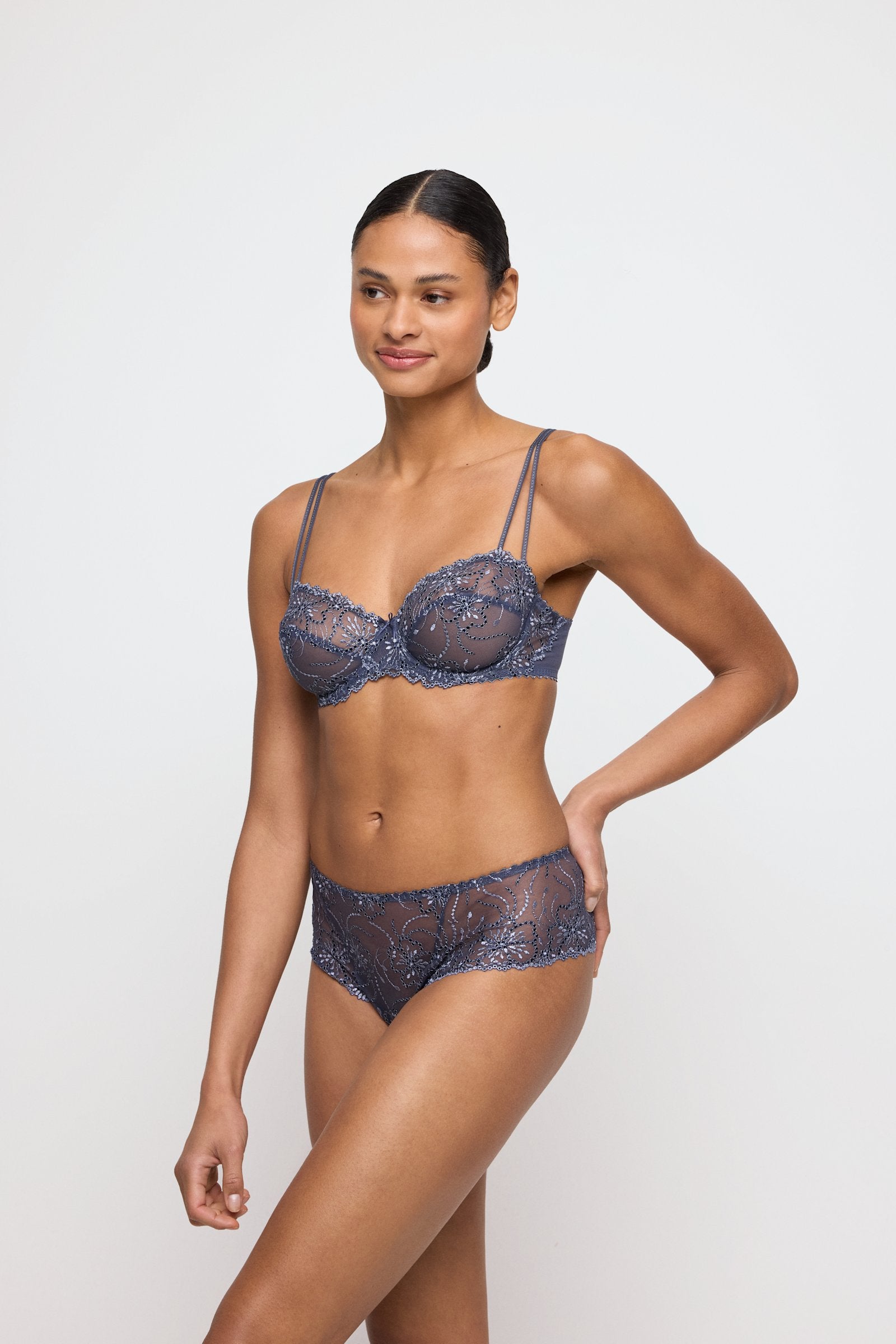 Marie Jo Jane Luxury Thong styled on model in Blue Shadow
