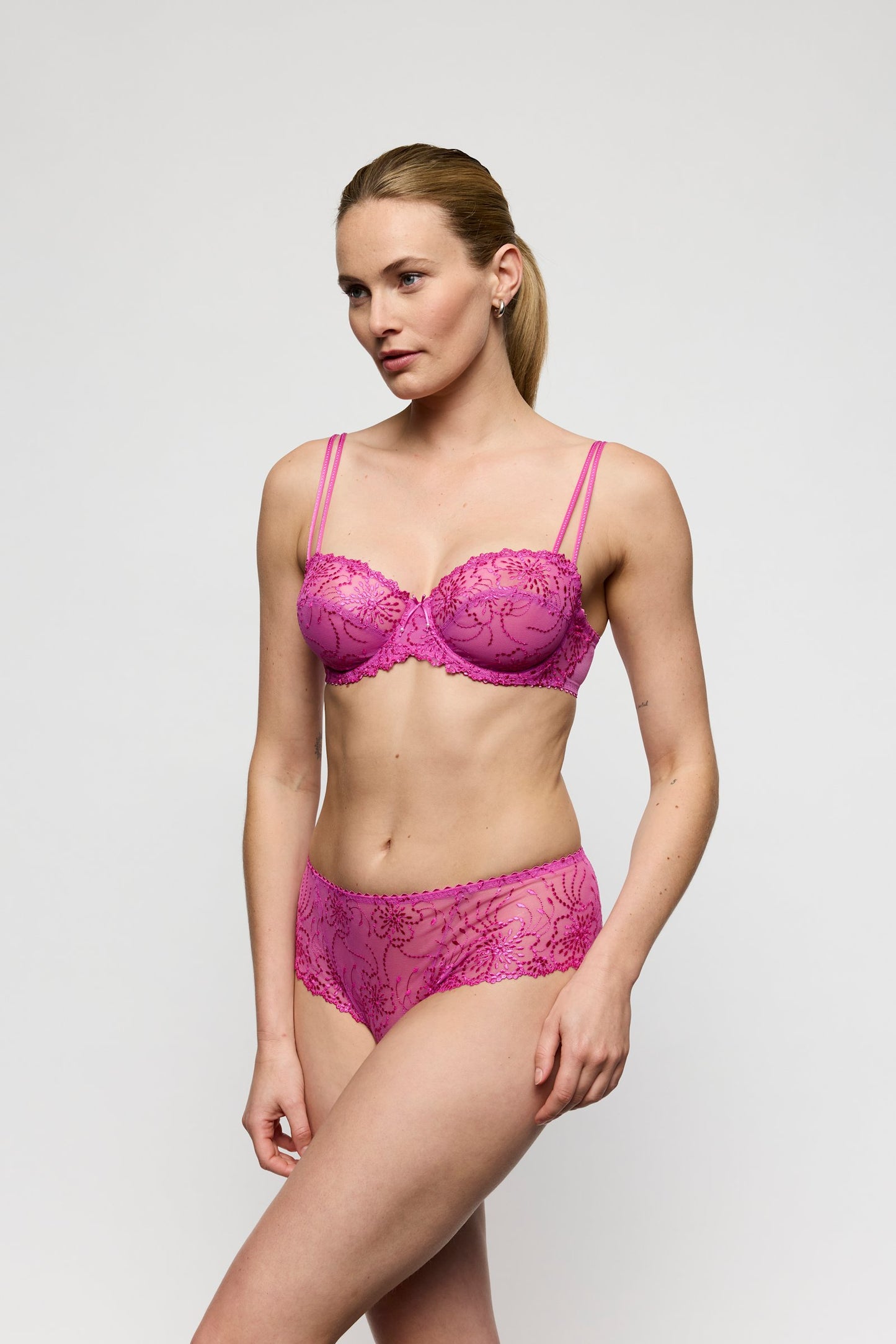 Marie Jo Jane Luxury Thong styled on model in Orchid Bliss
