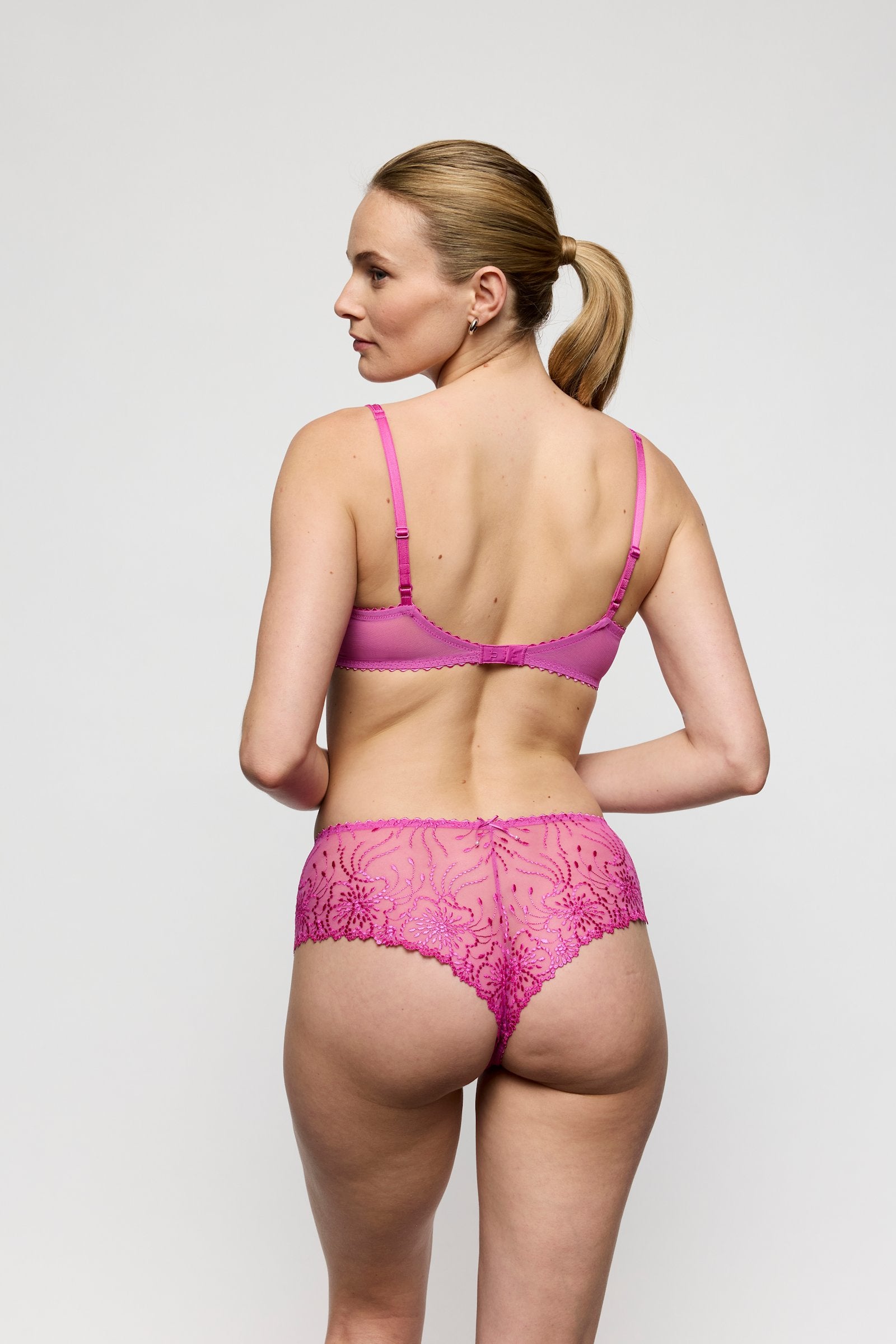 Marie Jo Jane Luxury Thong styled on model in Orchid Bliss