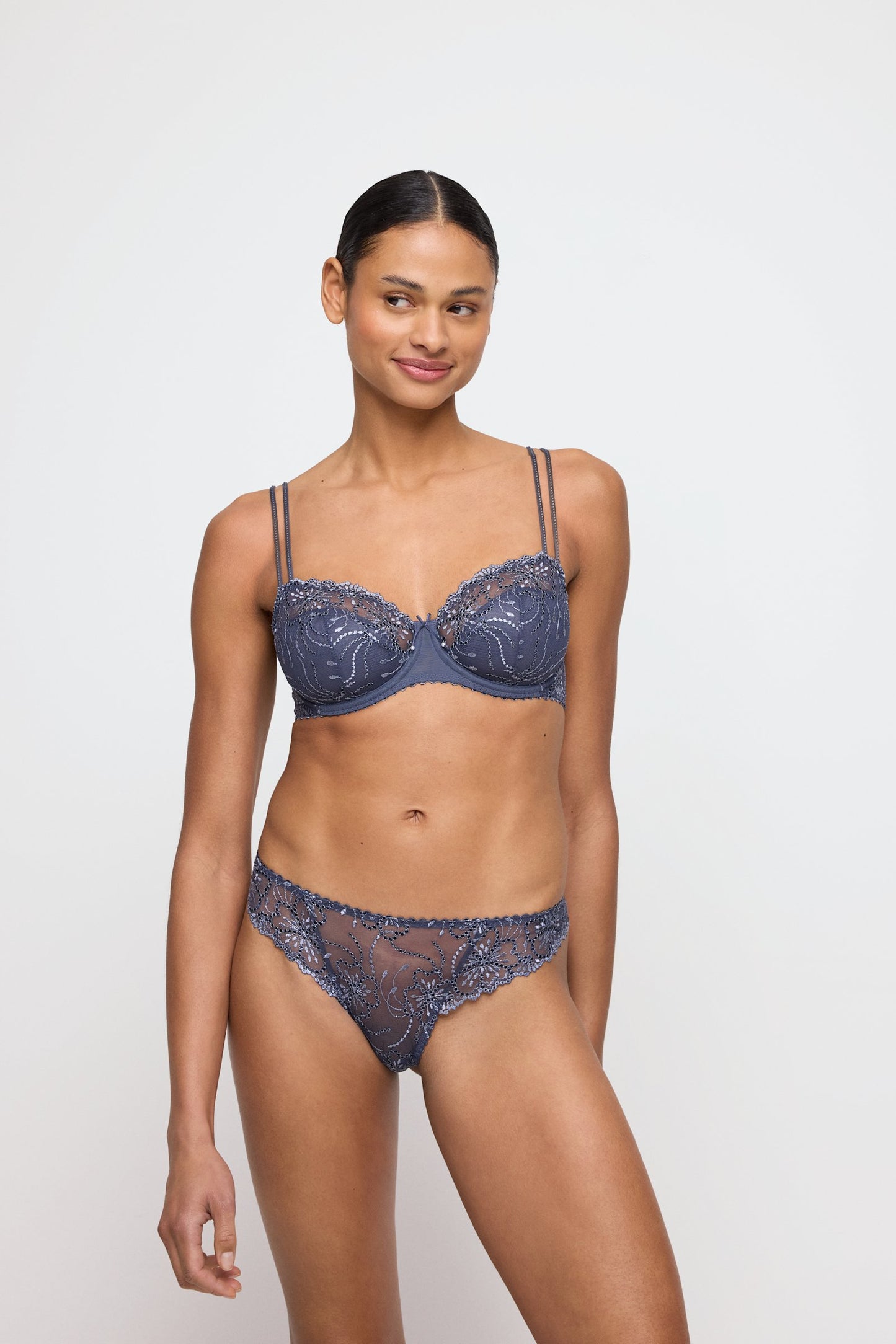 Marie Jo Jane Balcony Bra styled on model in Blue Shadow