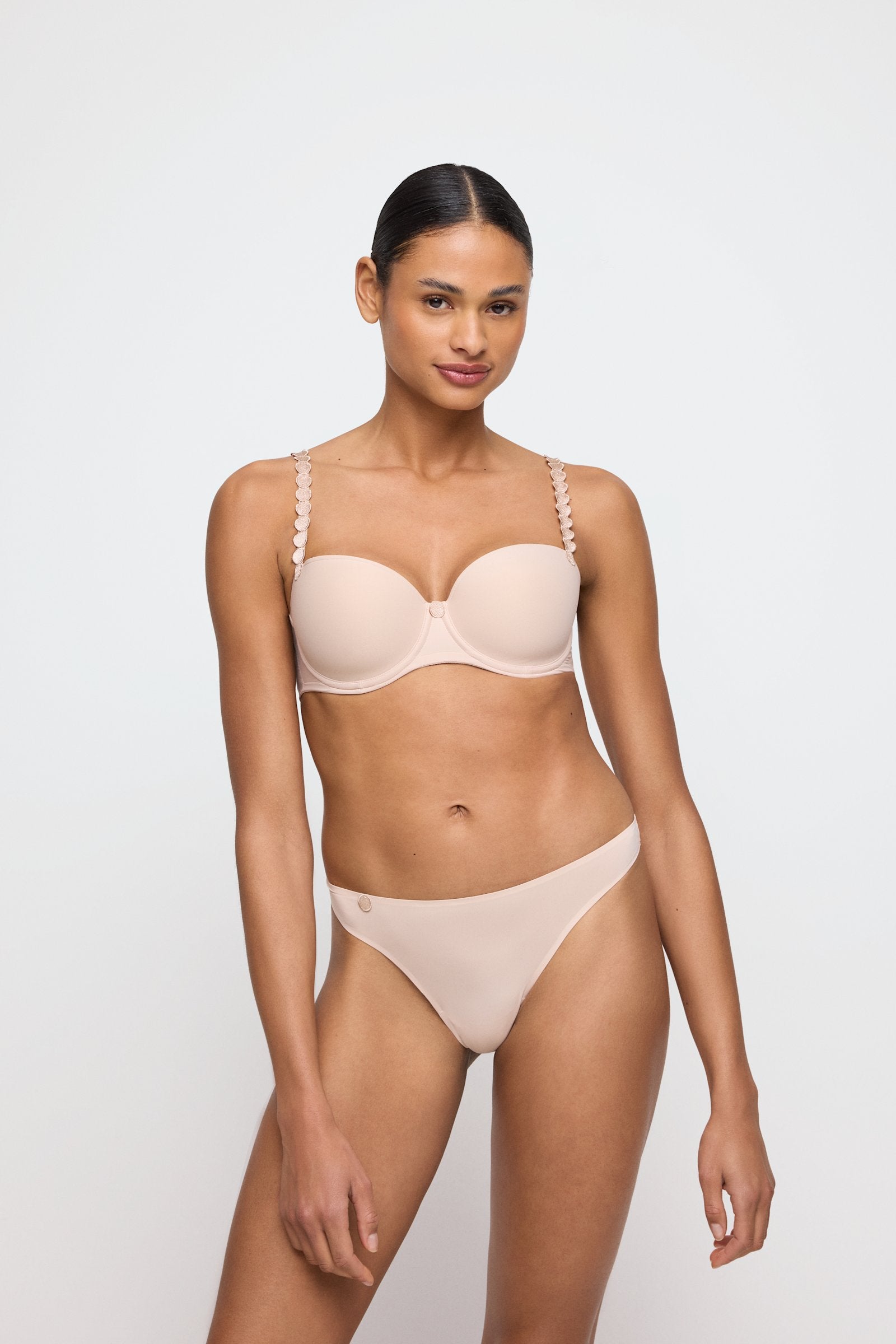 Marie Jo Tom Balcony Bra styled on model in Caffé Latte