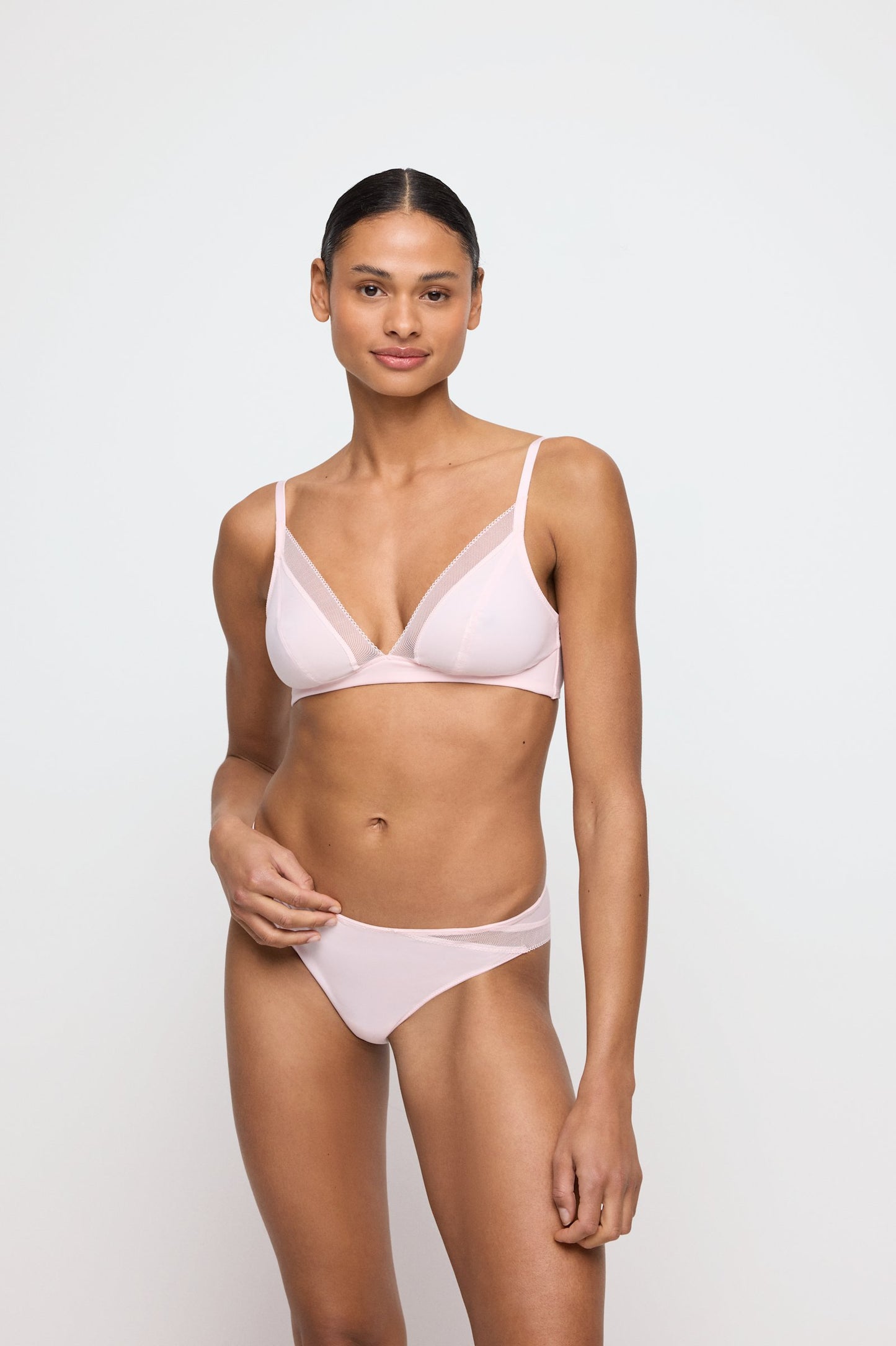 Marie Jo Milao Thong styled on model in Pastel Pink