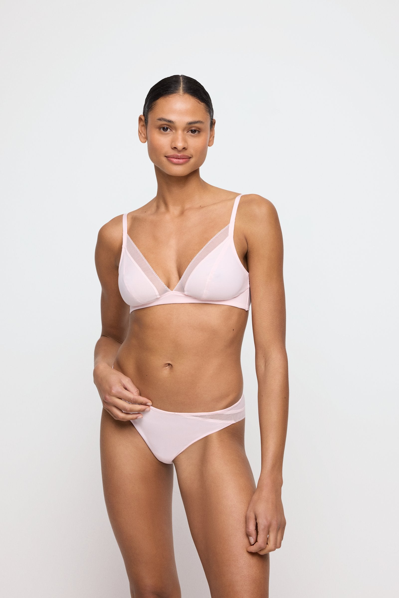 Marie Jo Milao Thong styled on model in Pastel Pink