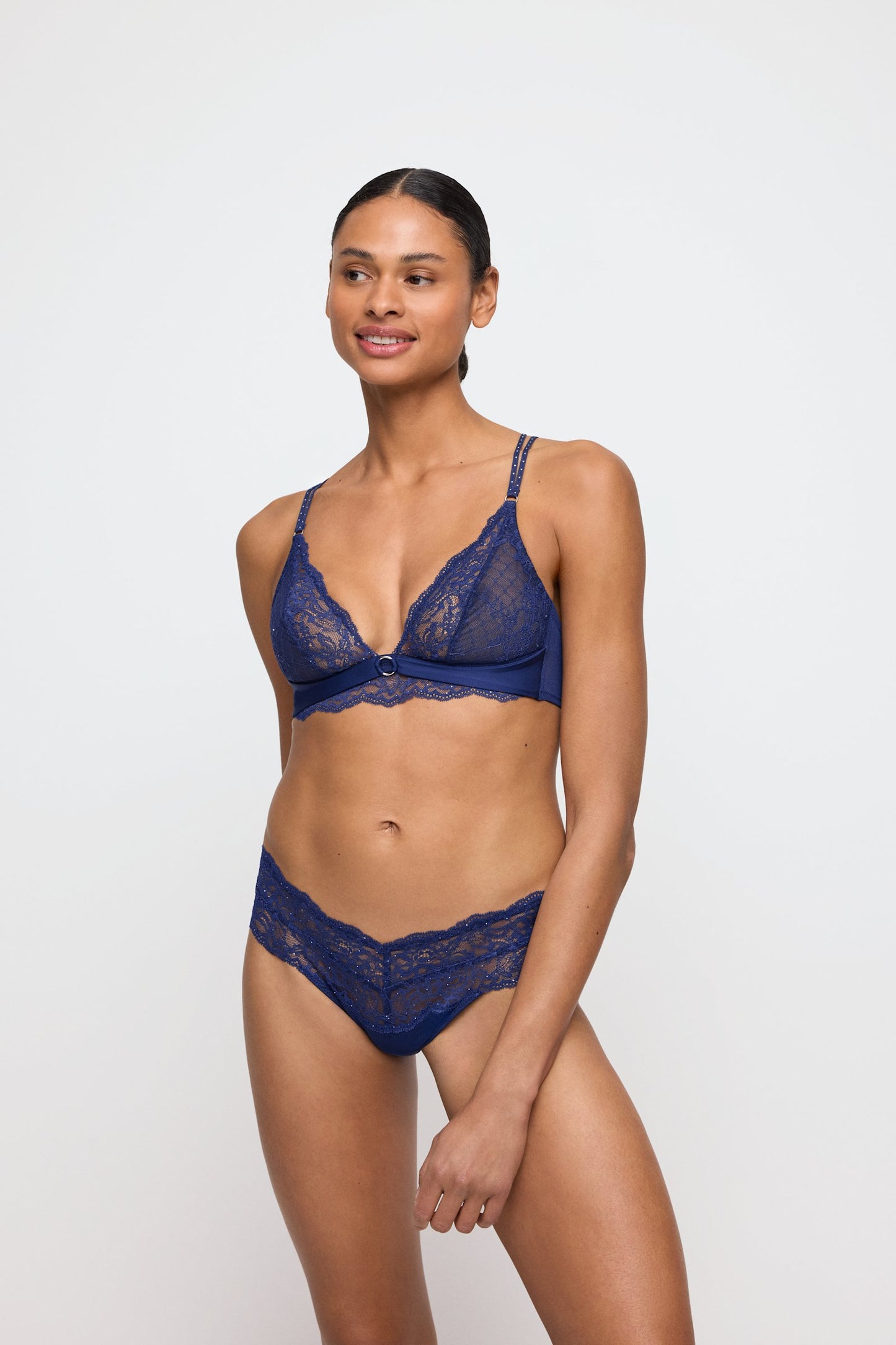 Marie Jo Musea Bralette styled on model in Sapphire Blue