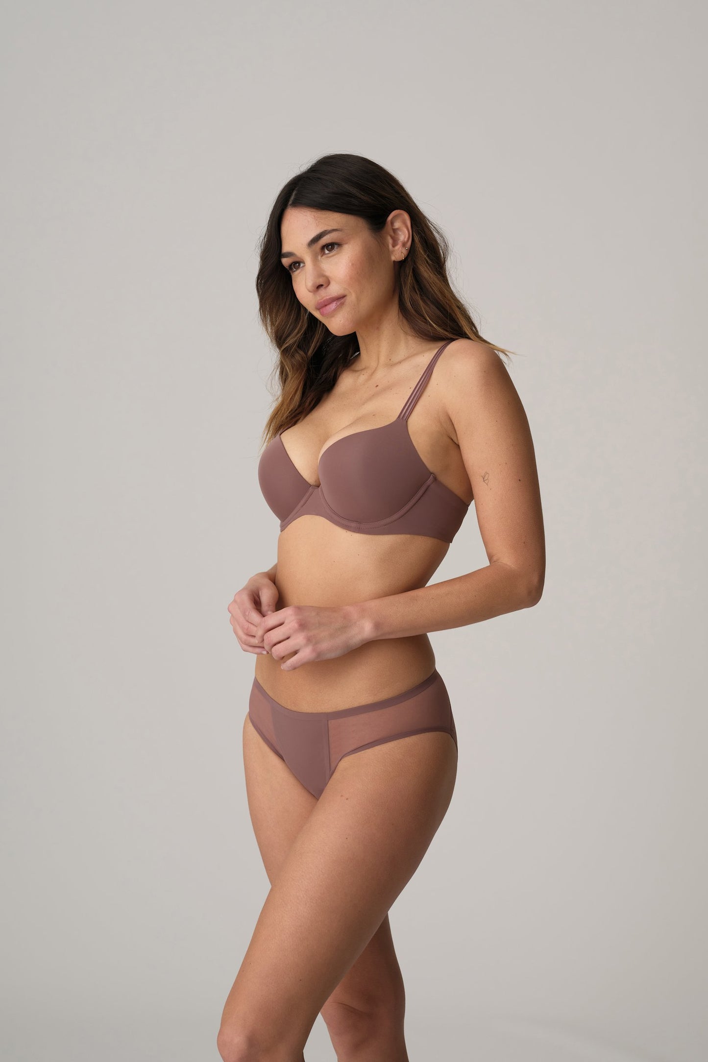 Marie Jo Louie Rio Brief styled on model in Satin Taupe