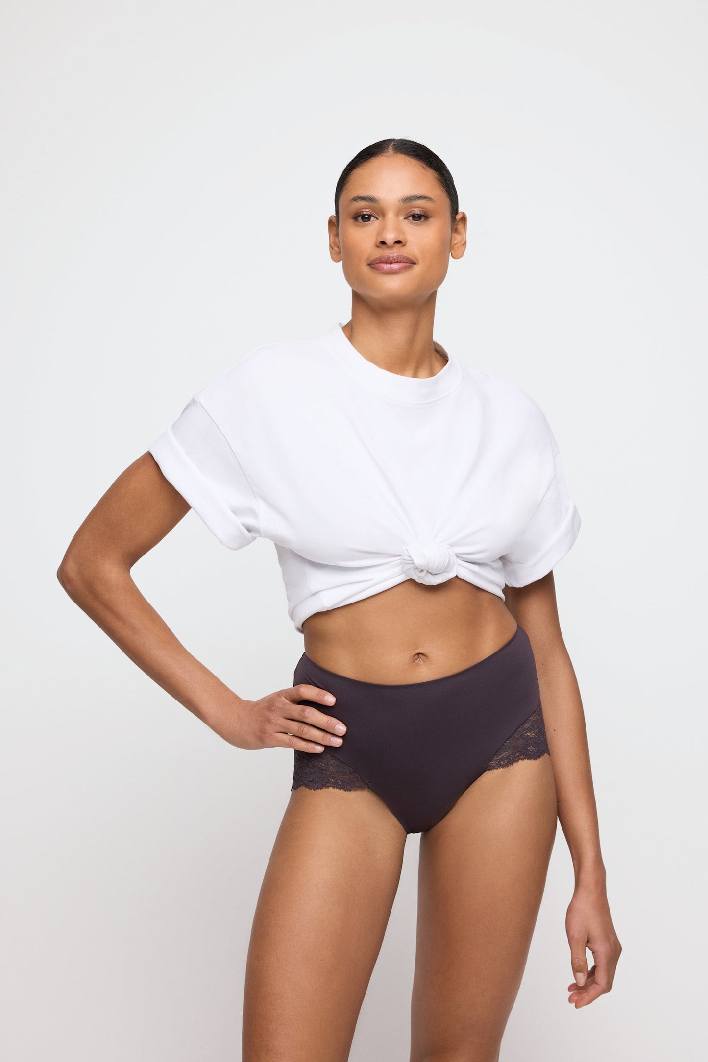 Marie Jo Color Studio Brief styled on model in Sweet Chocolate