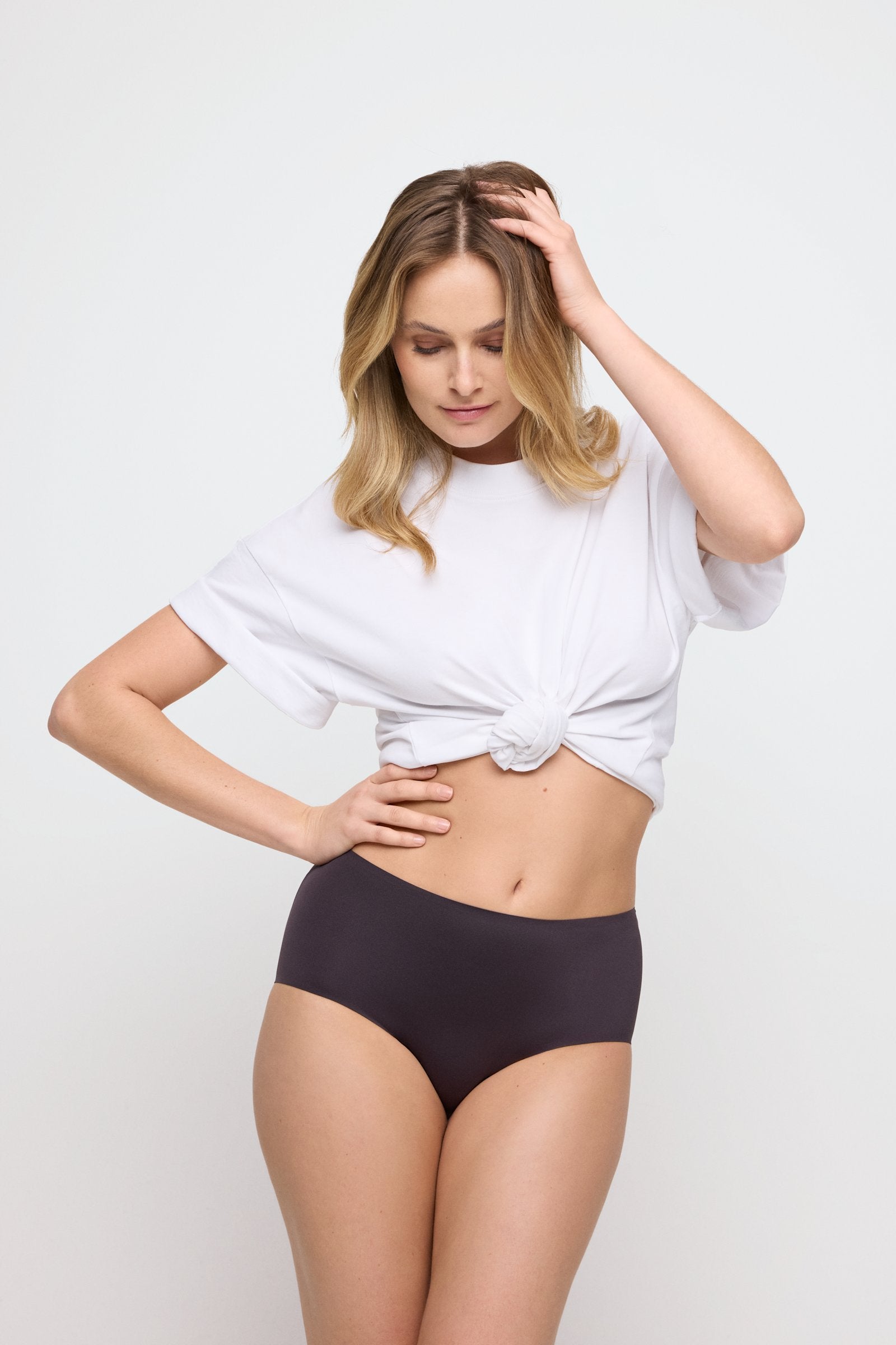 Marie Jo Color Studio Brief styled on model in Sweet Chocolate