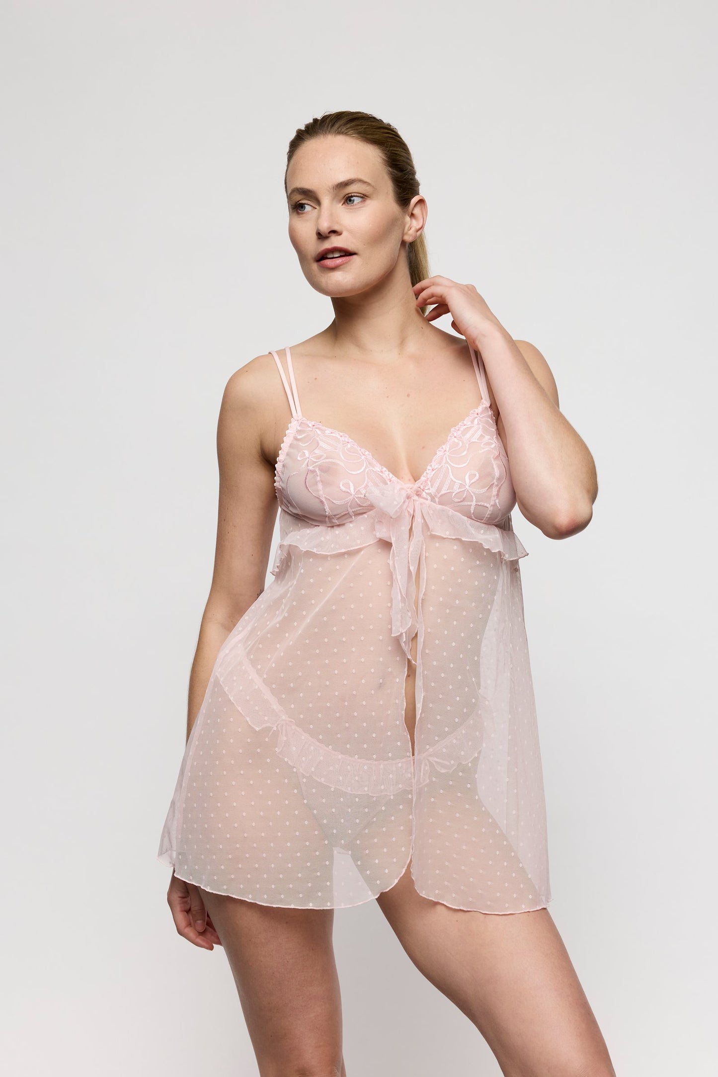 Marie Jo Noova Body Harness styled on model in Gardenia Rose