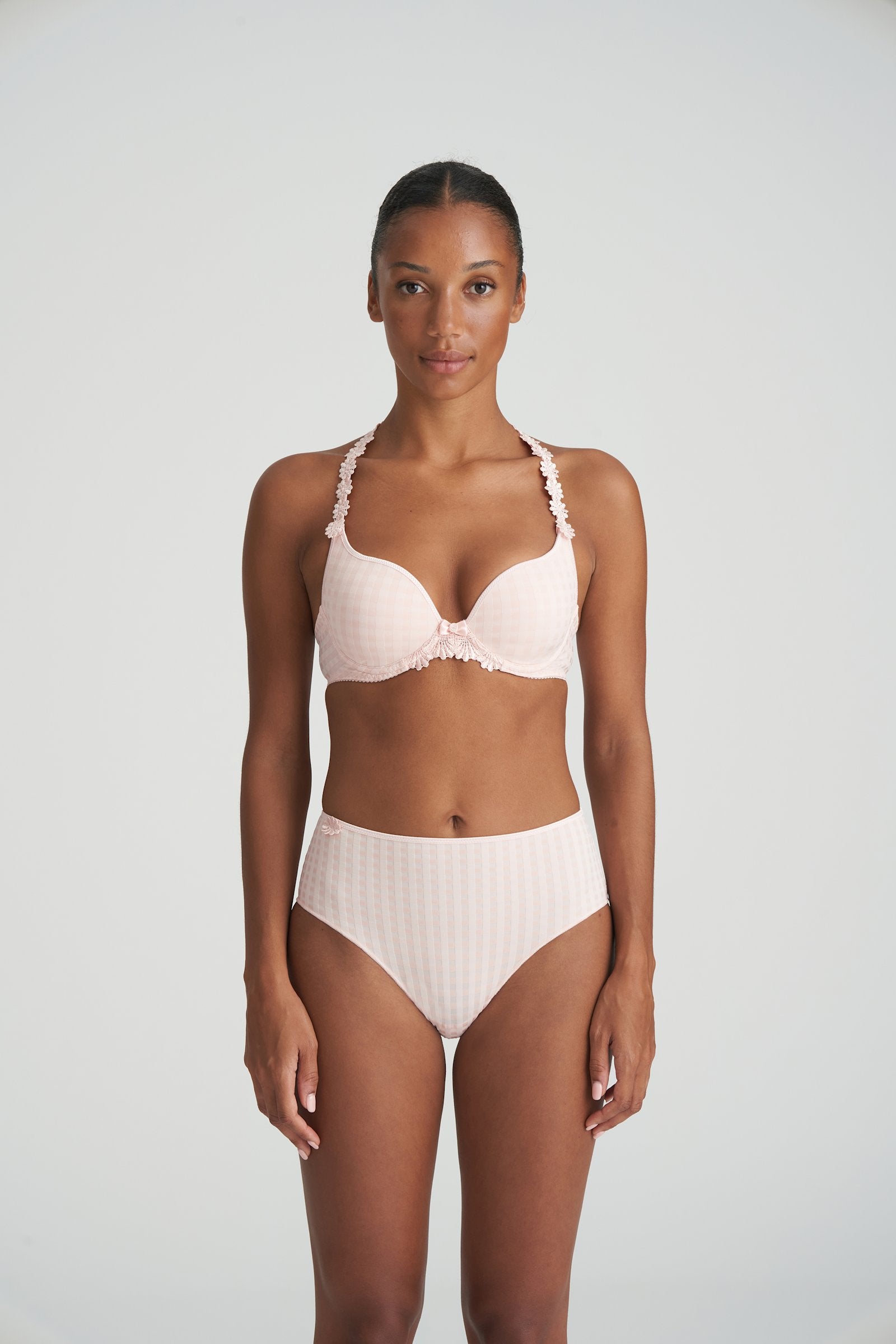 Marie Jo Avero Plunge Bra styled on model in Pearly Pink