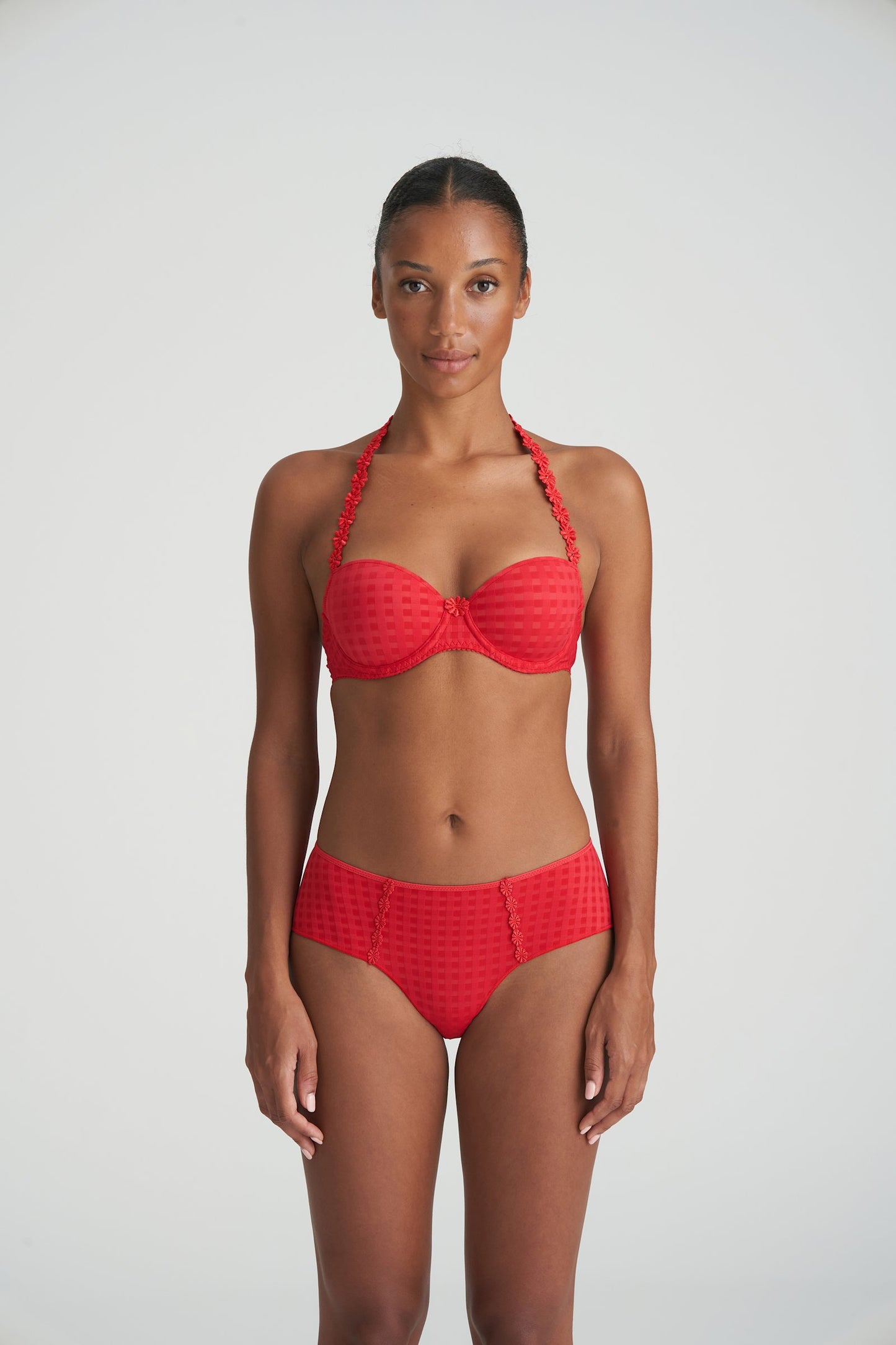 Marie Jo Avero Balcony Bra styled on model in Scarlet