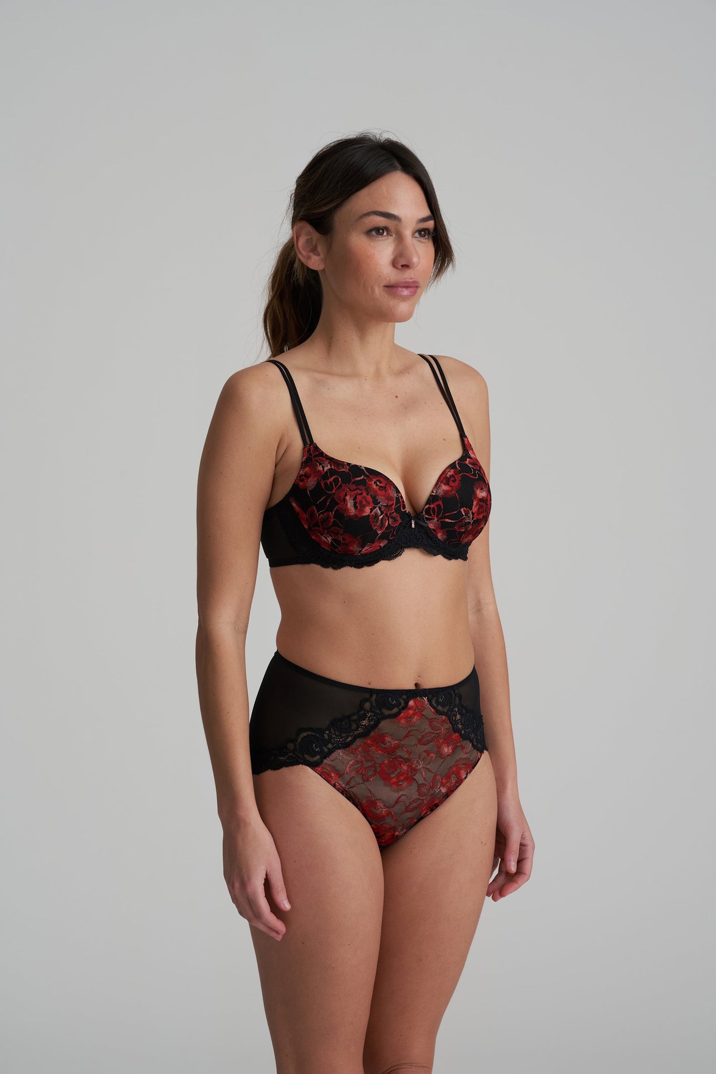 Marie Jo Selyna Padded Heartshape Bra styled on model in Spicy Red