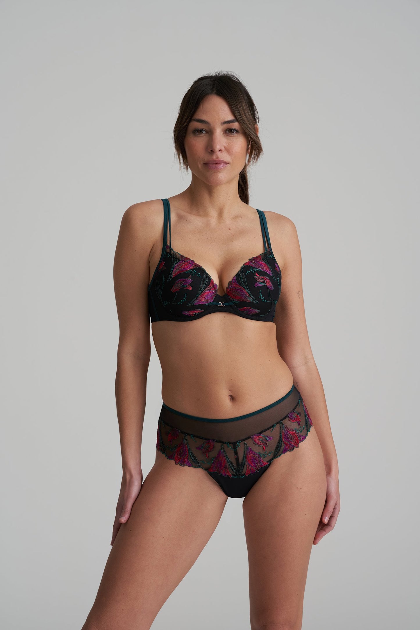 Marie Jo Yoly Padded Heartshape Bra styled on model in Jewel Green
