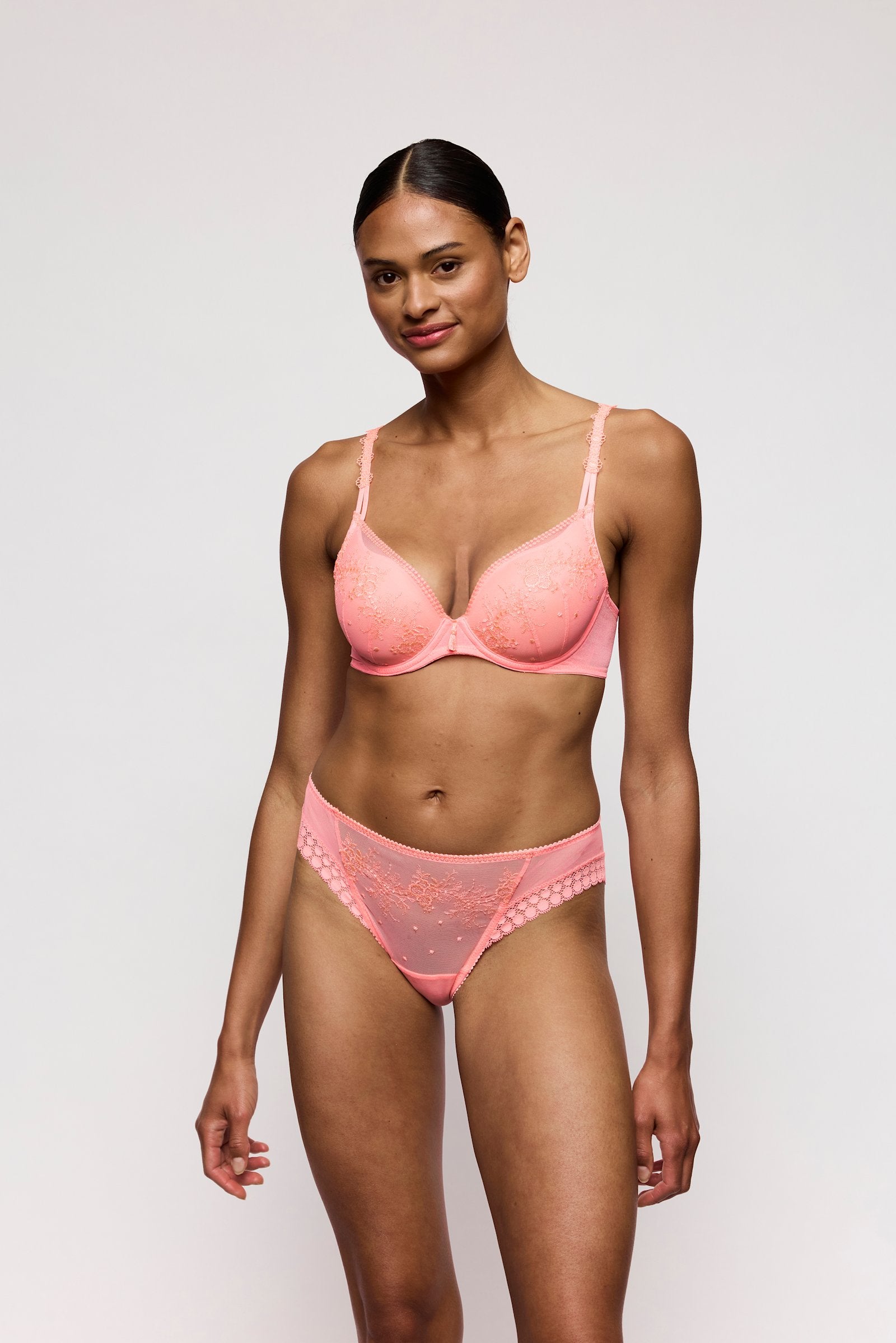 Marie Jo Annaelle Padded Heartshape Bra styled on model in Neon Peach