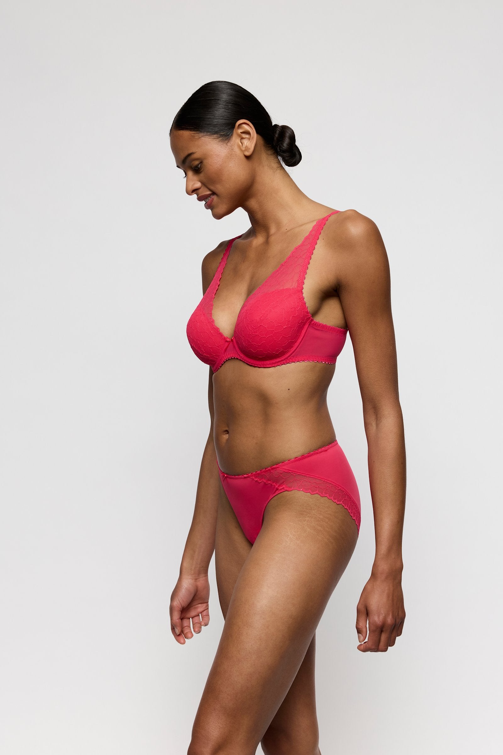Marie Jo Azelie Padded Plunge Bra styled on model in Raspberry