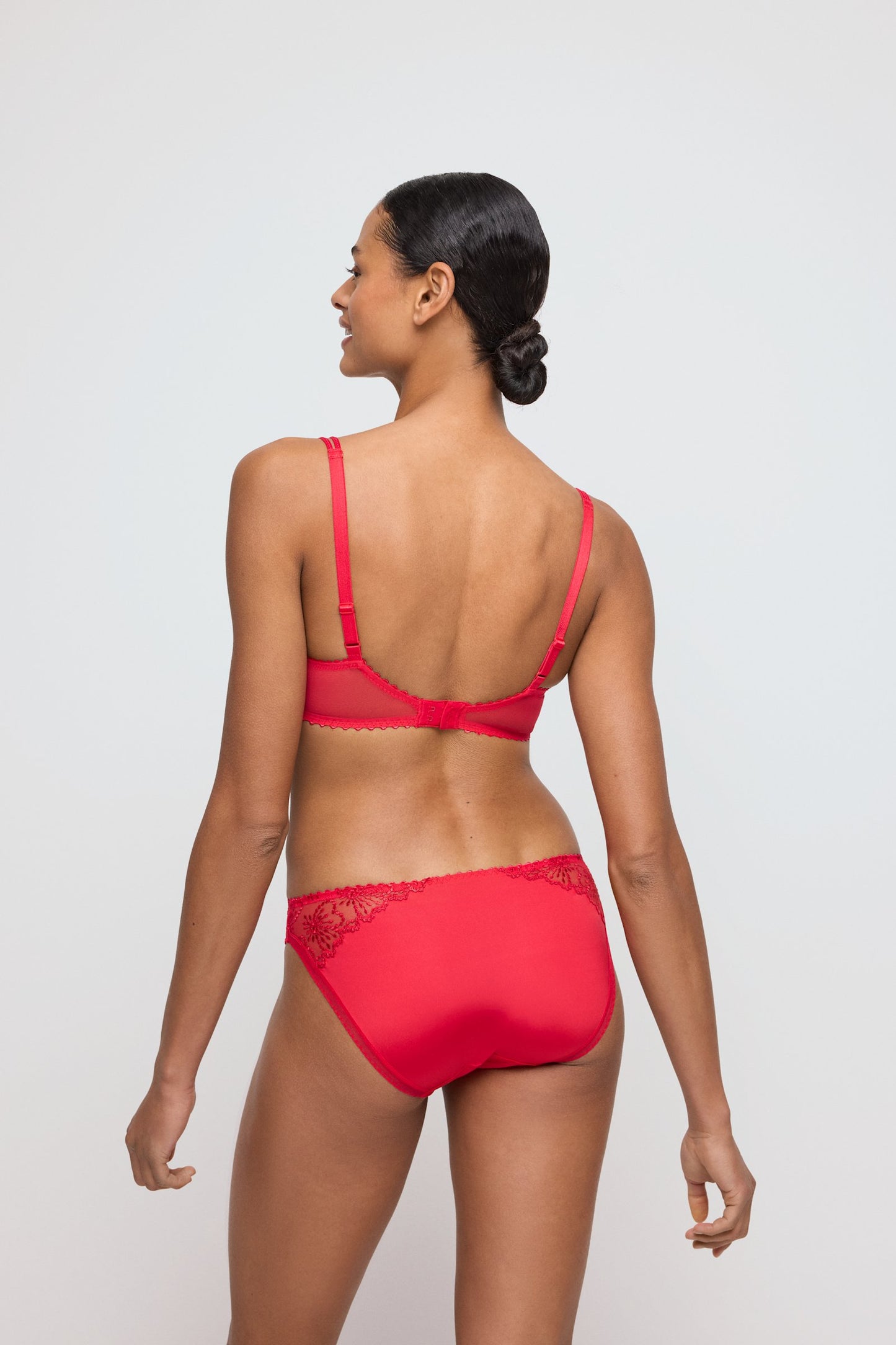 Marie Jo Jane Balcony Bra styled on model in True Red