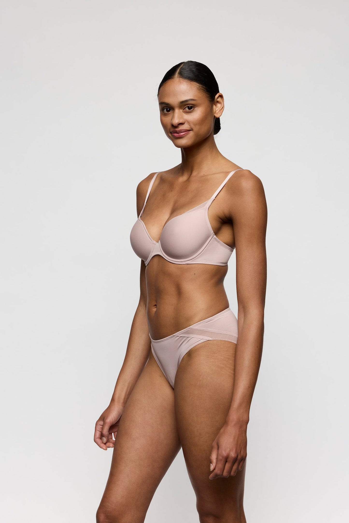 Marie Jo Milao Padded Heartshape Bra styled on model in Shadow Grey