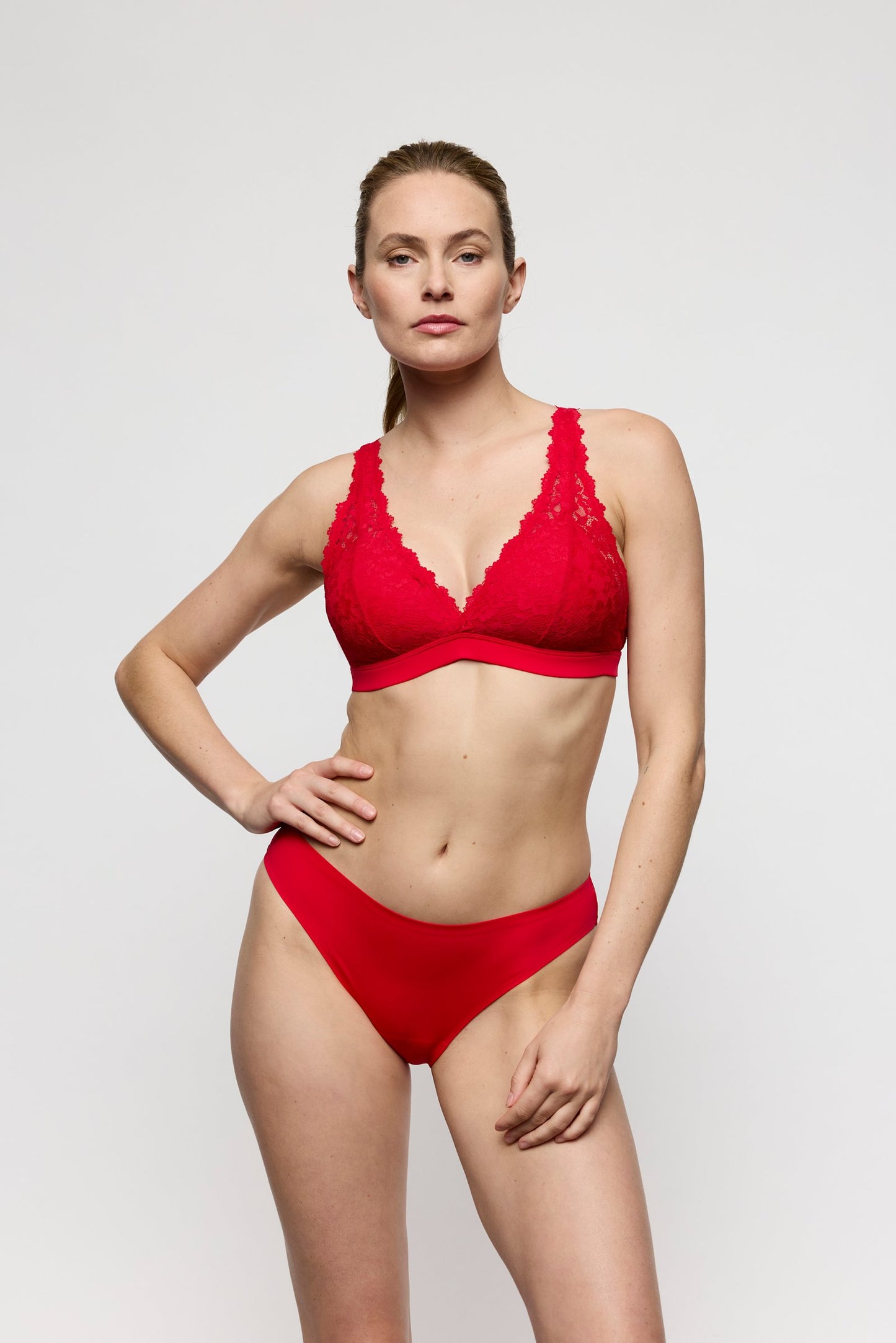 Marie Jo Soft Studio Rio Brief styled on model in True Red