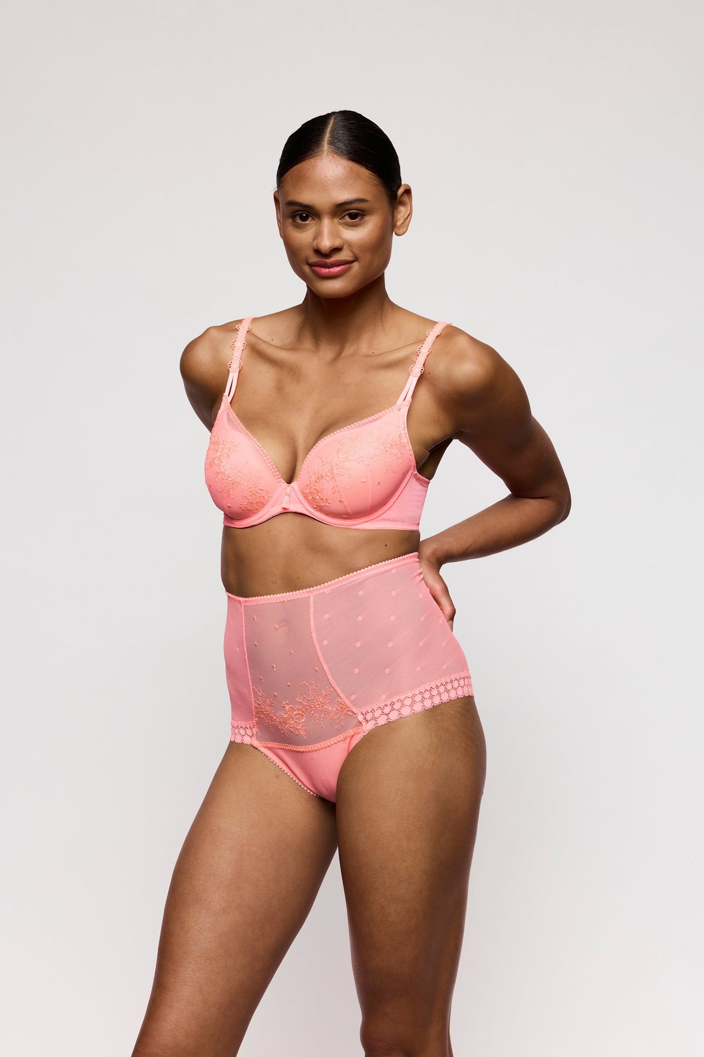 Marie Jo Annaelle Padded Heartshape Bra styled on model in Neon Peach