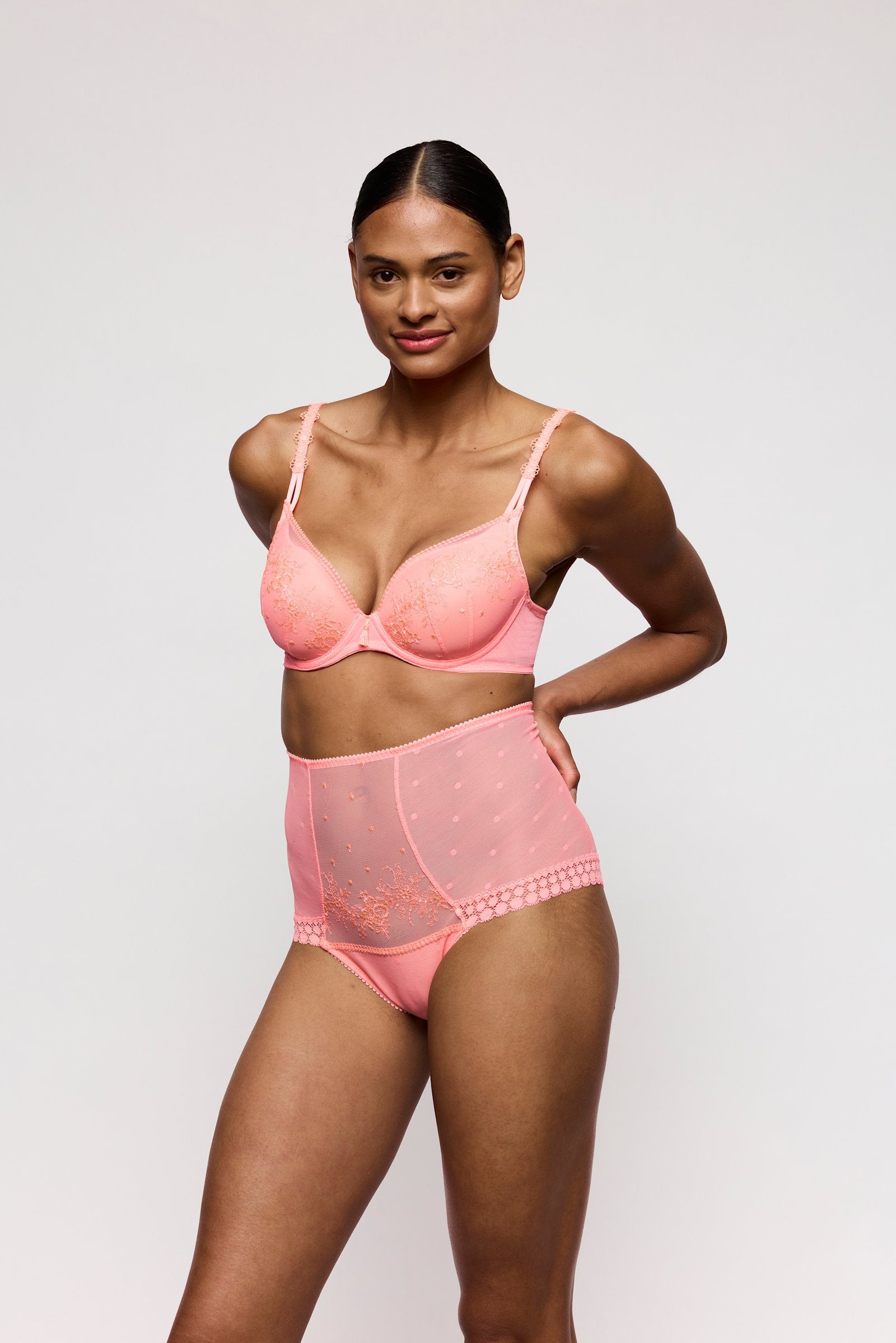 Marie Jo Annaelle Padded Heartshape Bra styled on model in Neon Peach