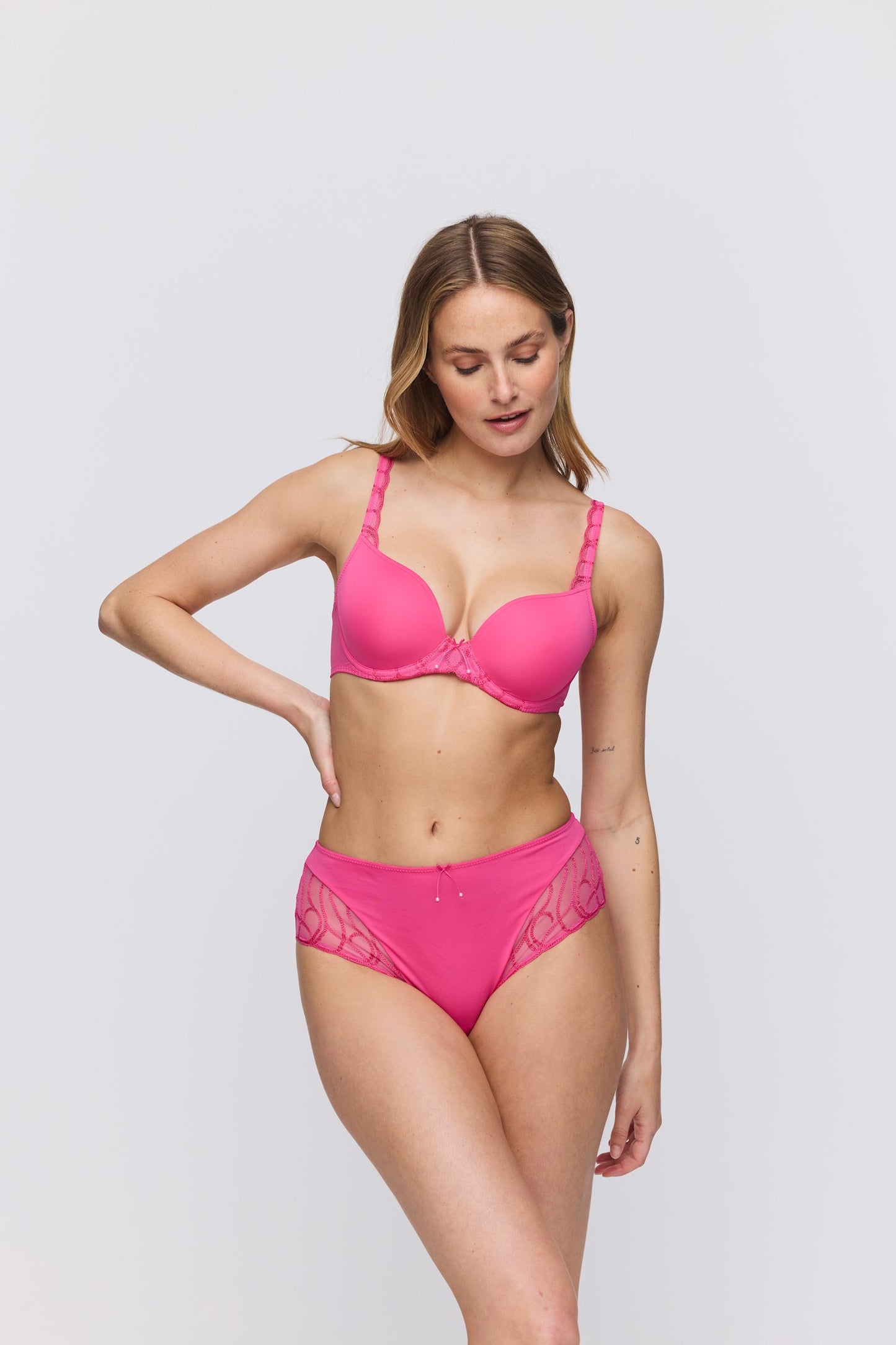 Marie Jo Heleen Padded Heartshape Bra styled on model in Hollywood Pink