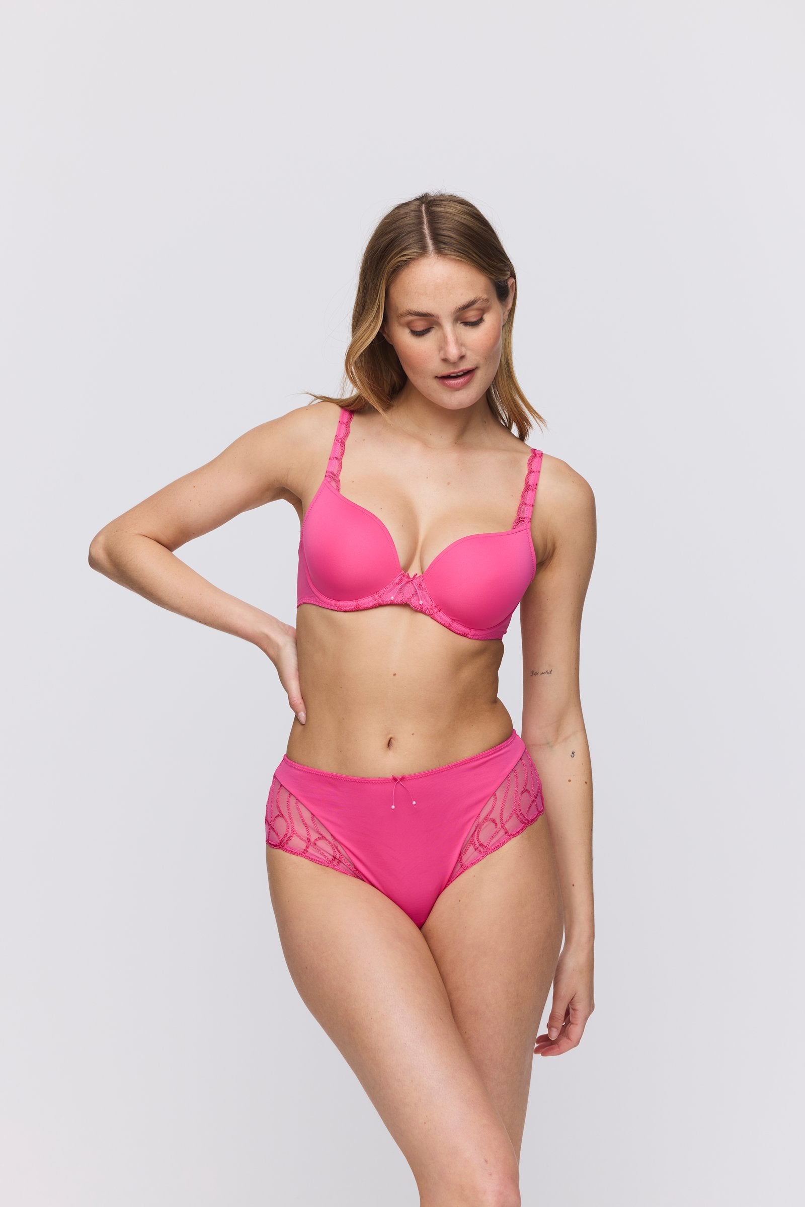 Marie Jo Heleen Padded Heartshape Bra styled on model in Hollywood Pink