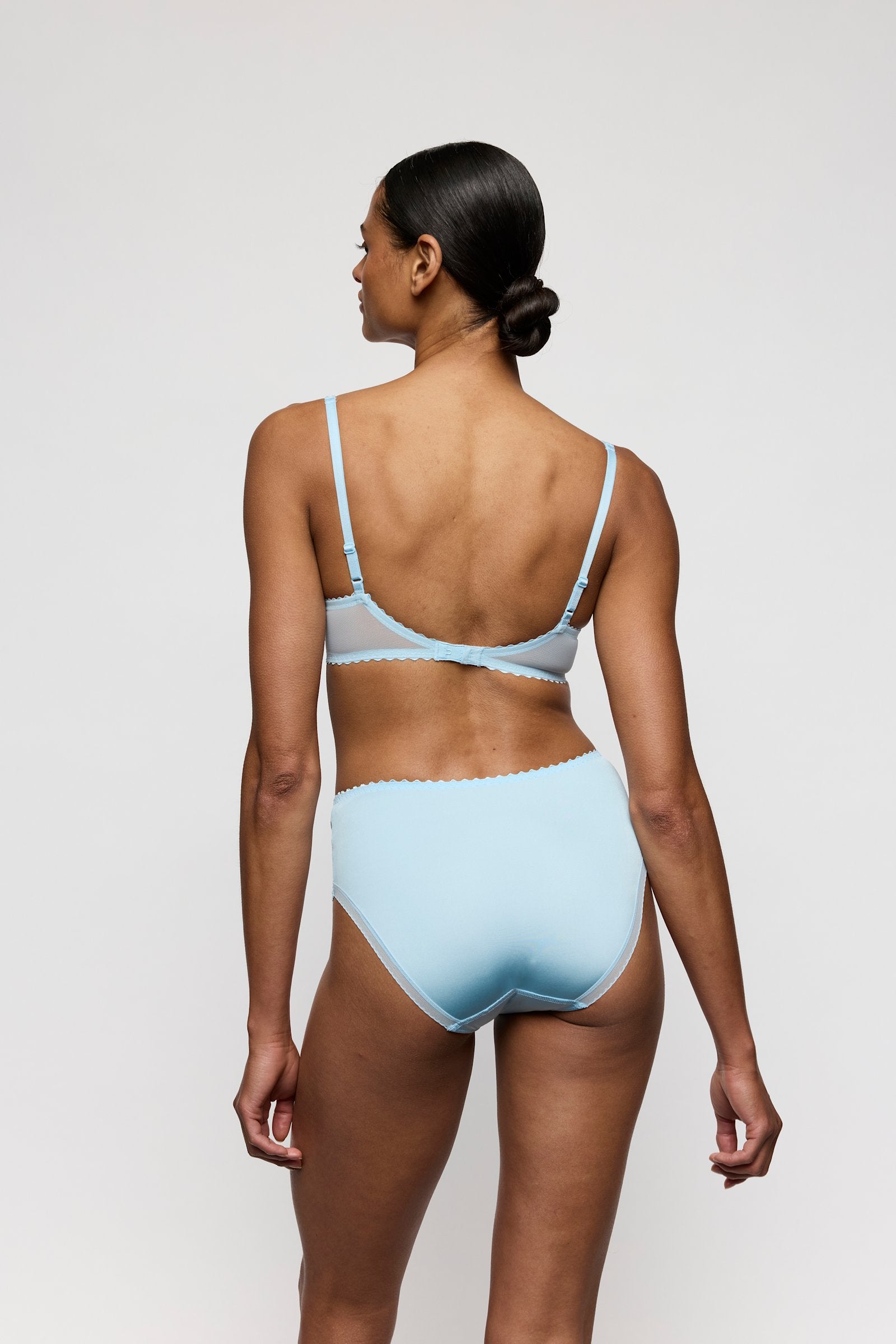 Marie Jo Jane Balcony Bra styled on model in Milky Blue