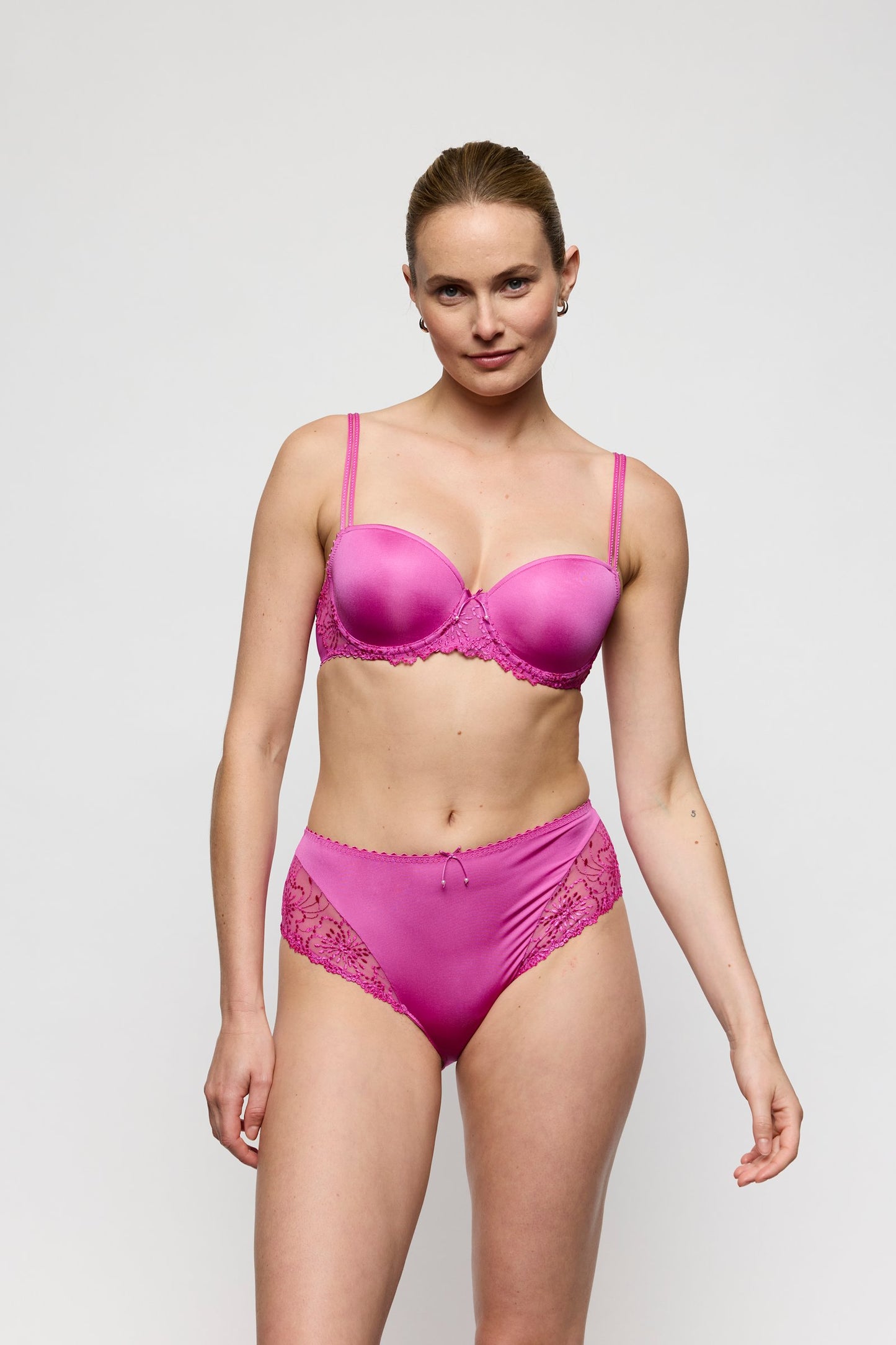 Marie Jo Jane Balcony Bra styled on model in Orchid Bliss