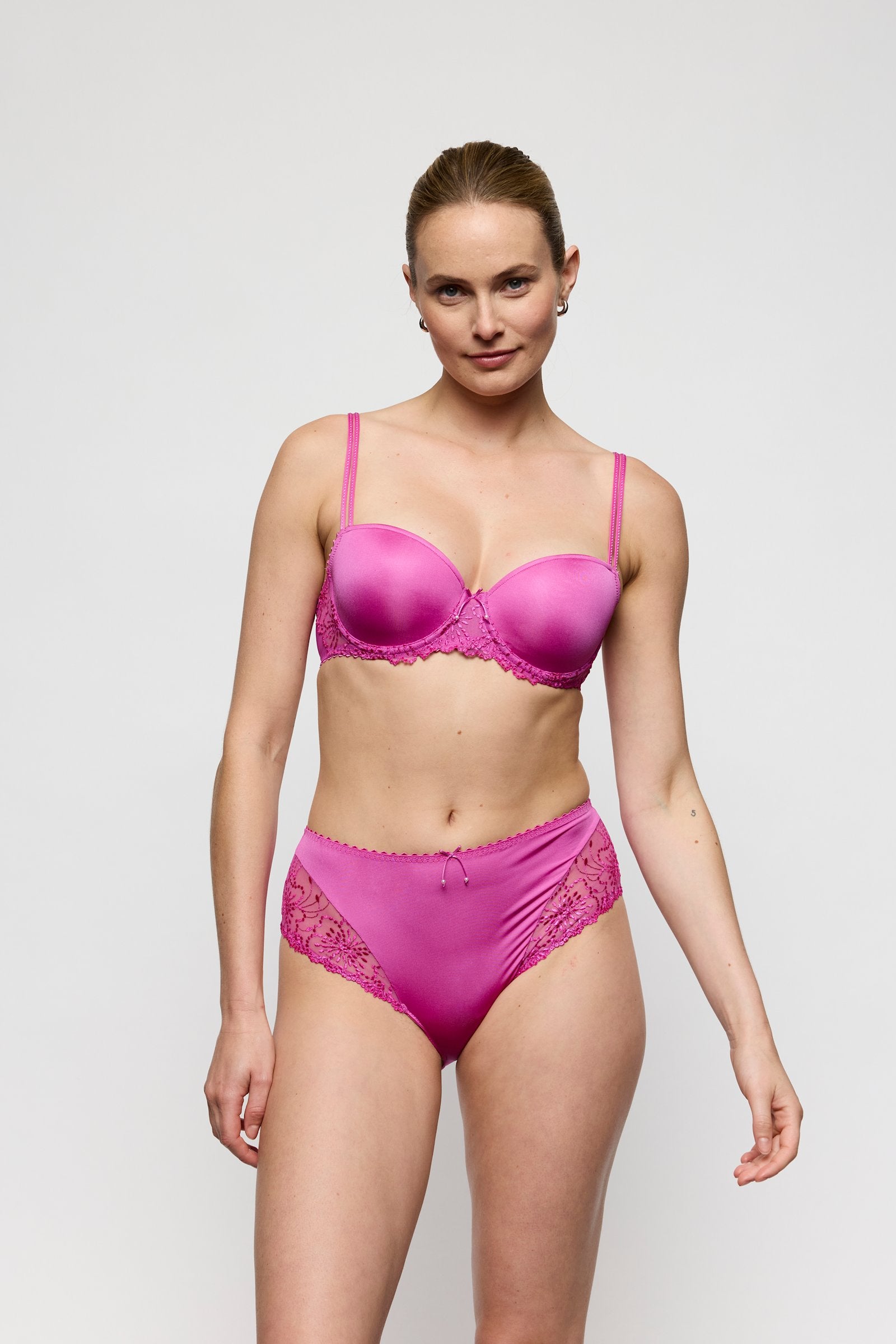 Marie Jo Jane Balcony Bra styled on model in Orchid Bliss