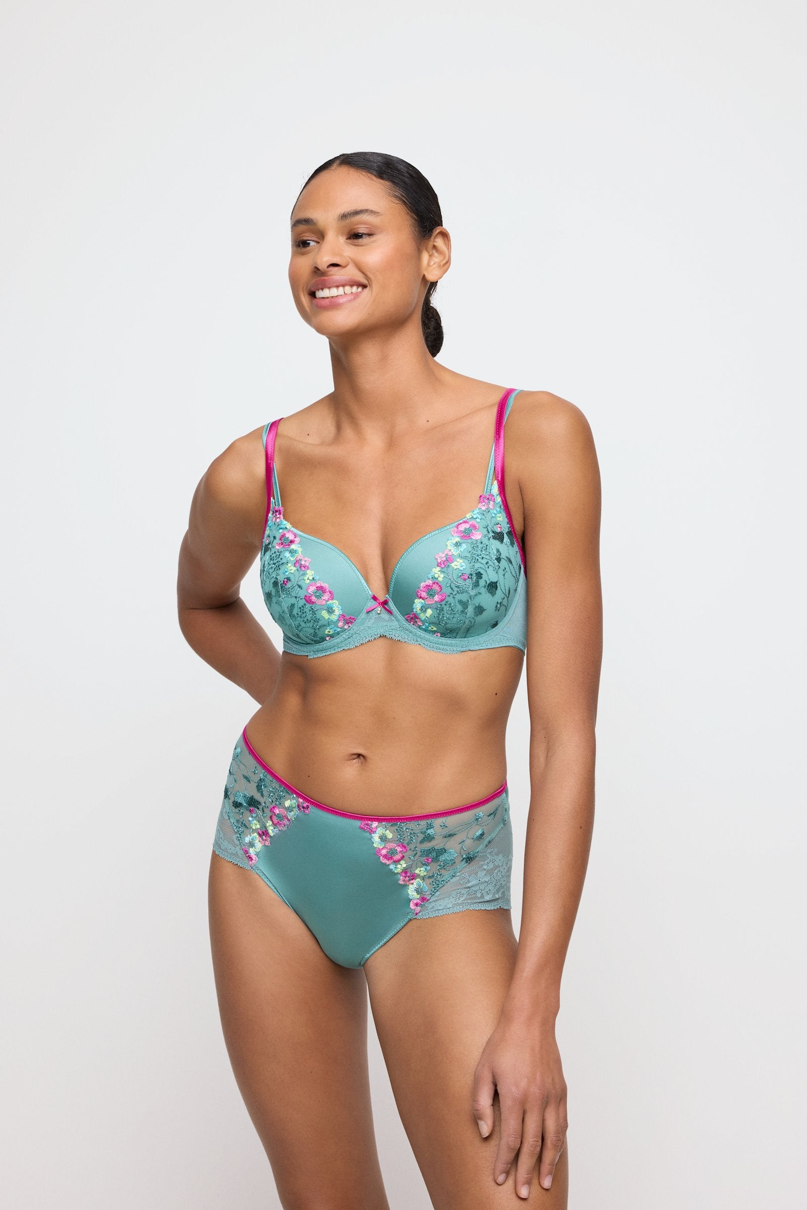 Marie Jo Lizelot Padded Heartshape Bra styled on model in Bali Green