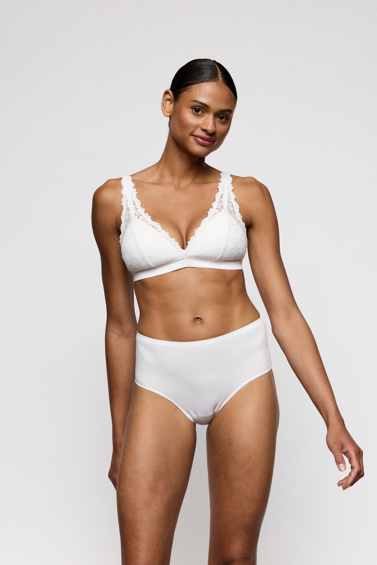 Marie Jo Soft Studio Bralette styled on model in Natural