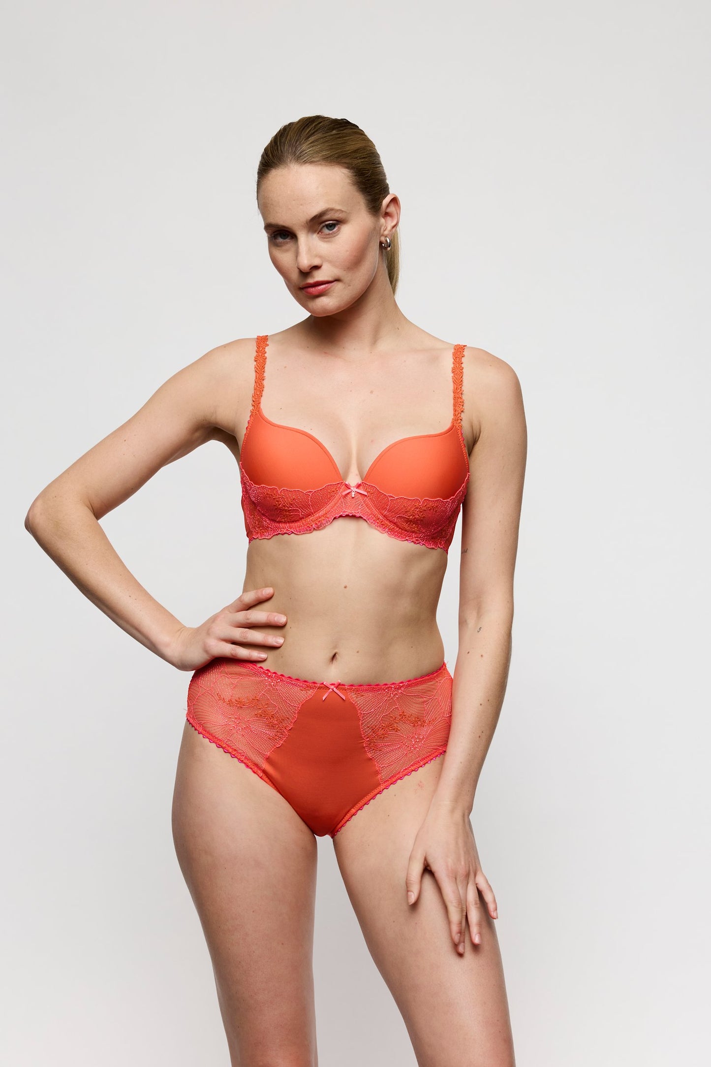 Marie Jo Solene Padded Heartshape Bra styled on model in Pamplemousse