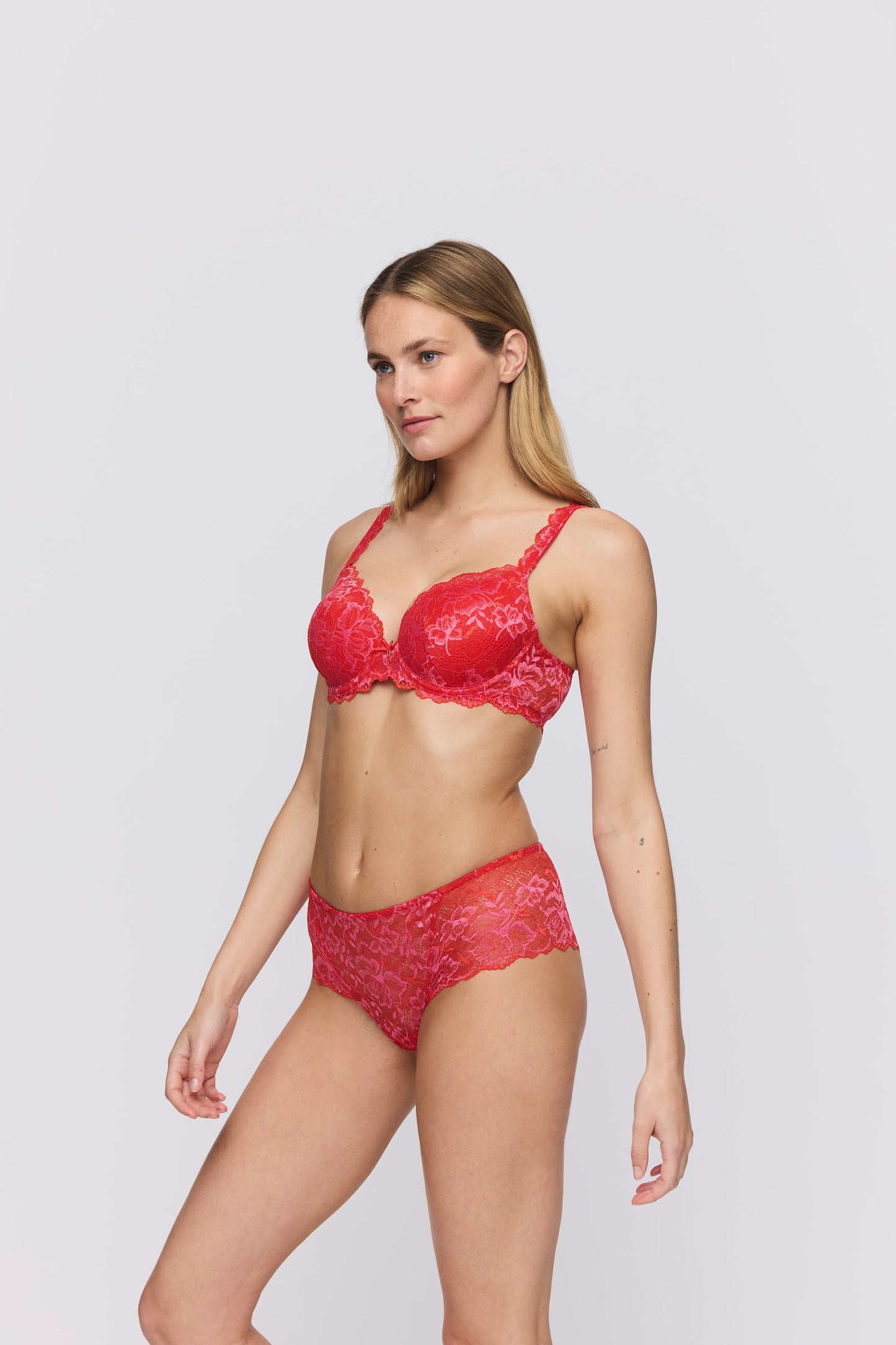 Marie Jo Manyla Padded Heartshape Bra styled on model in Pixie Red