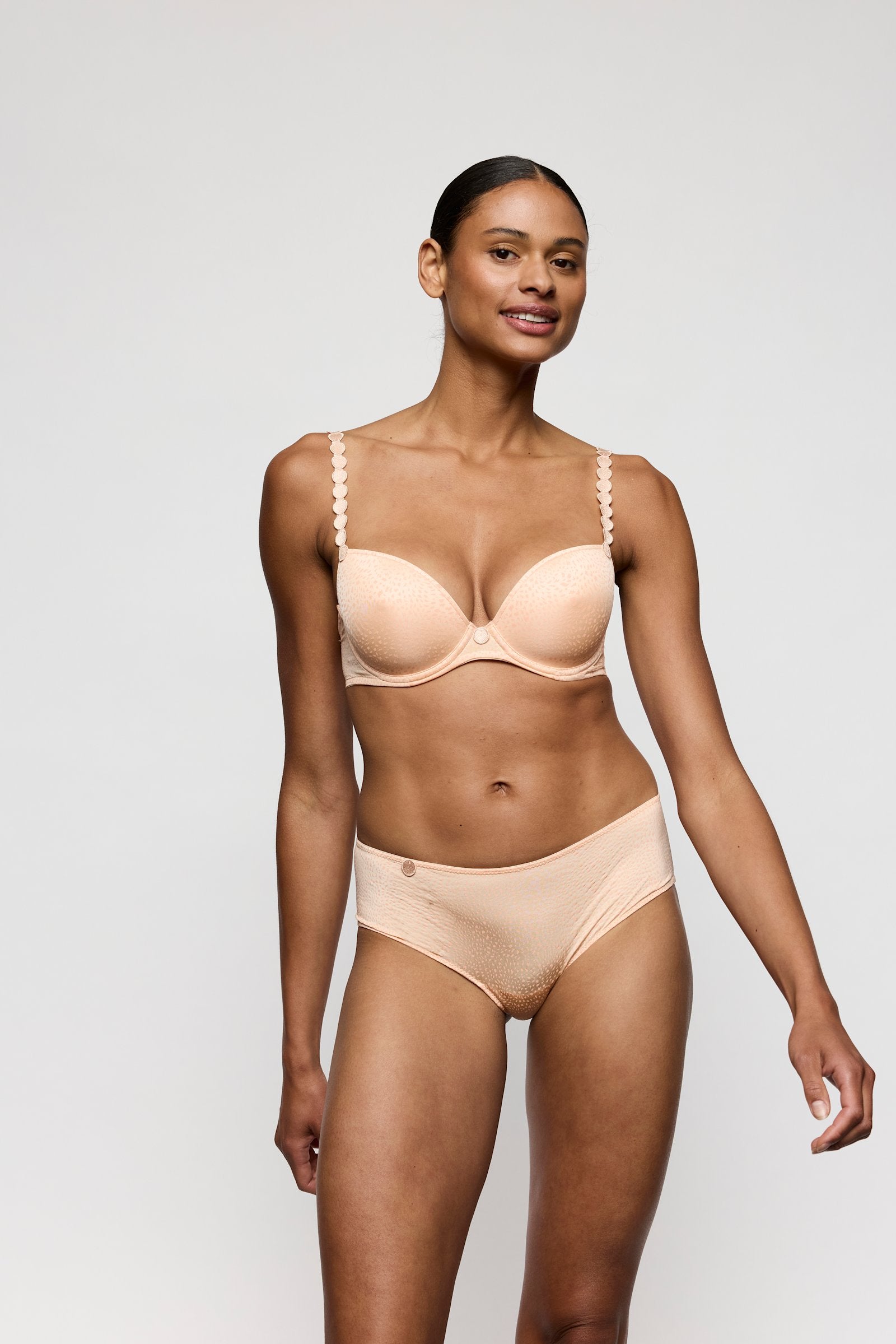 Marie Jo Tom Plunge Bra styled on model in Peach Whisper