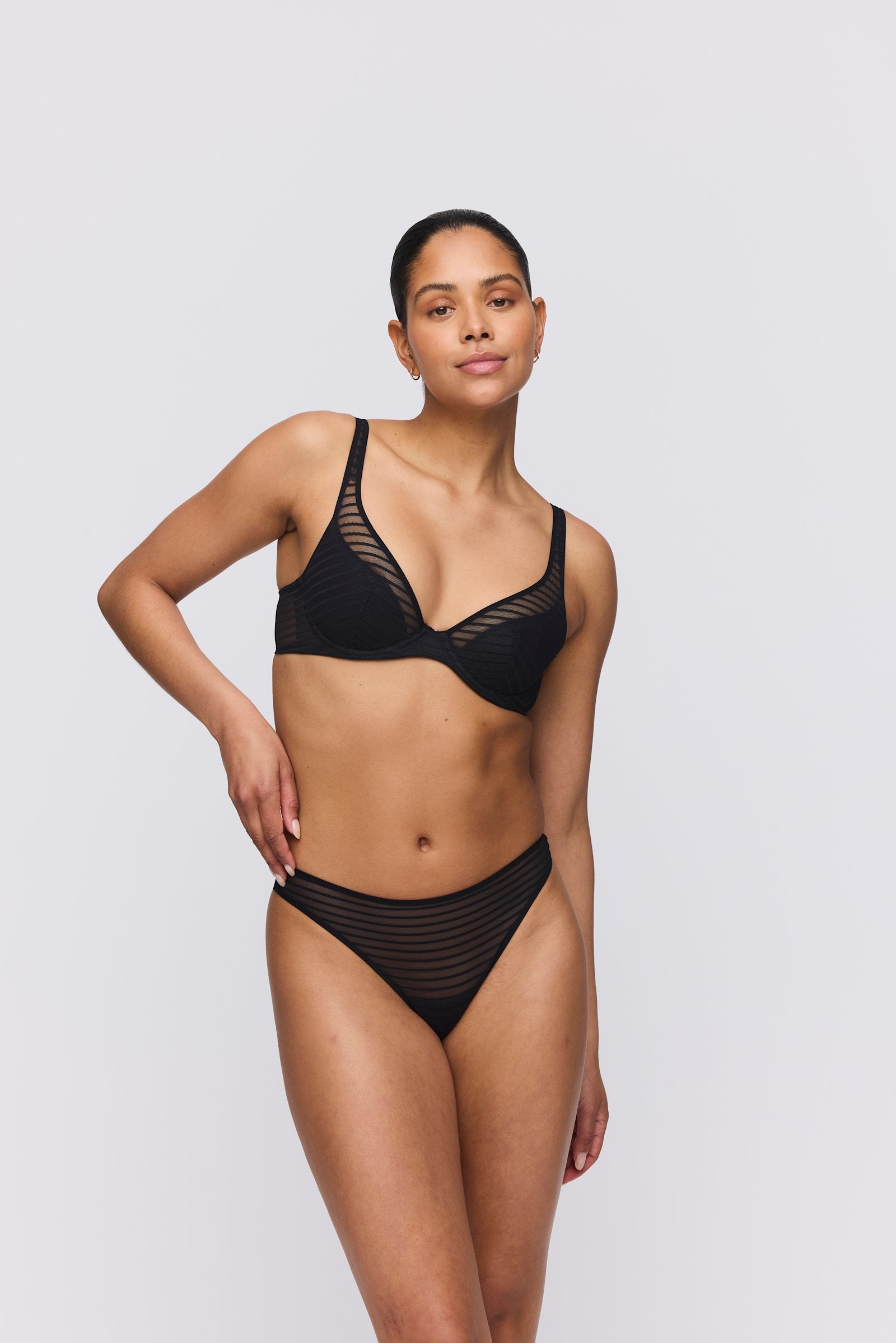 Marie Jo Basyl Padded Plunge Bra styled on model in Black