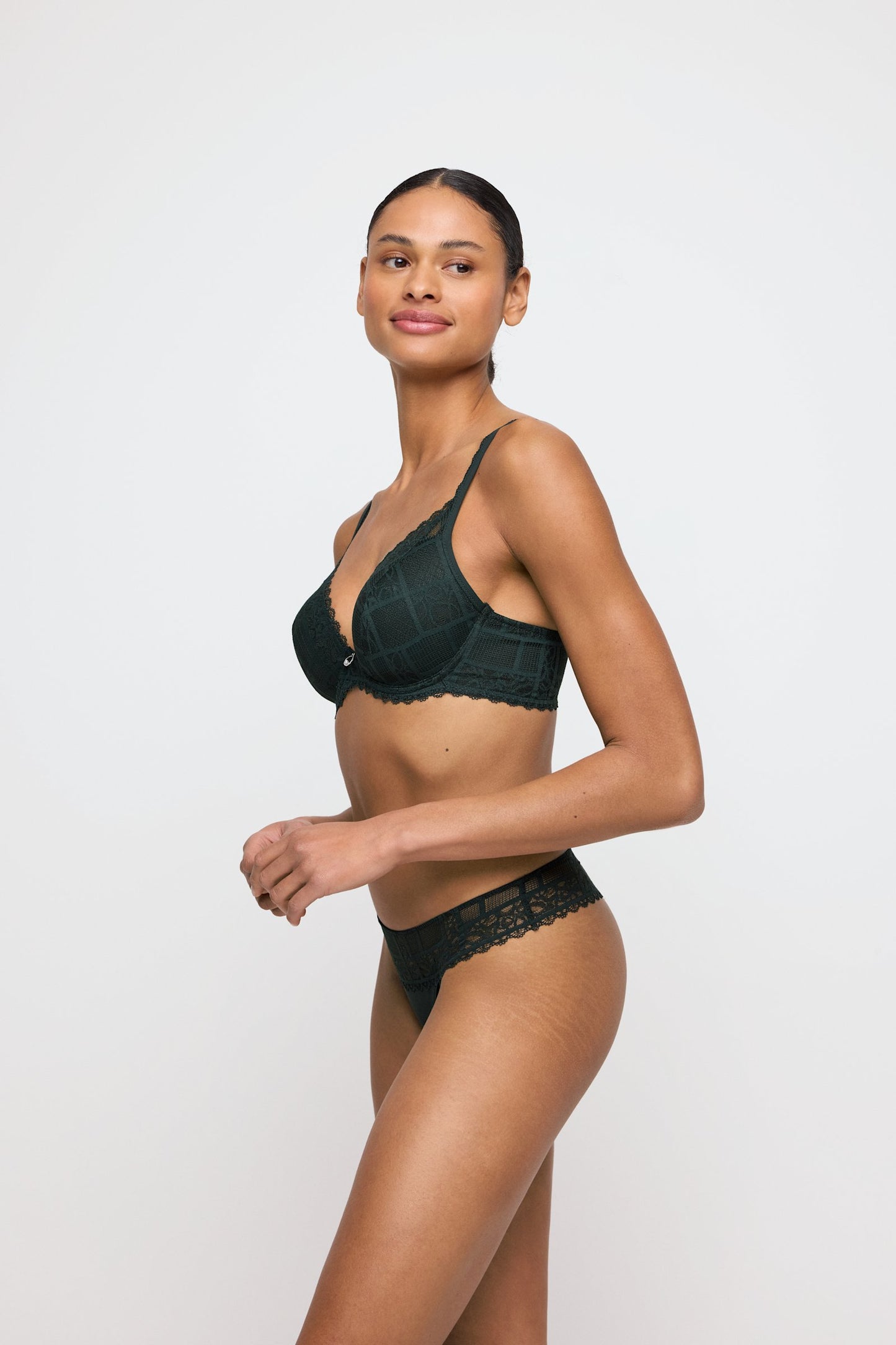 Marie Jo Jadei Padded Plunge Bra styled on model in Deep Forest