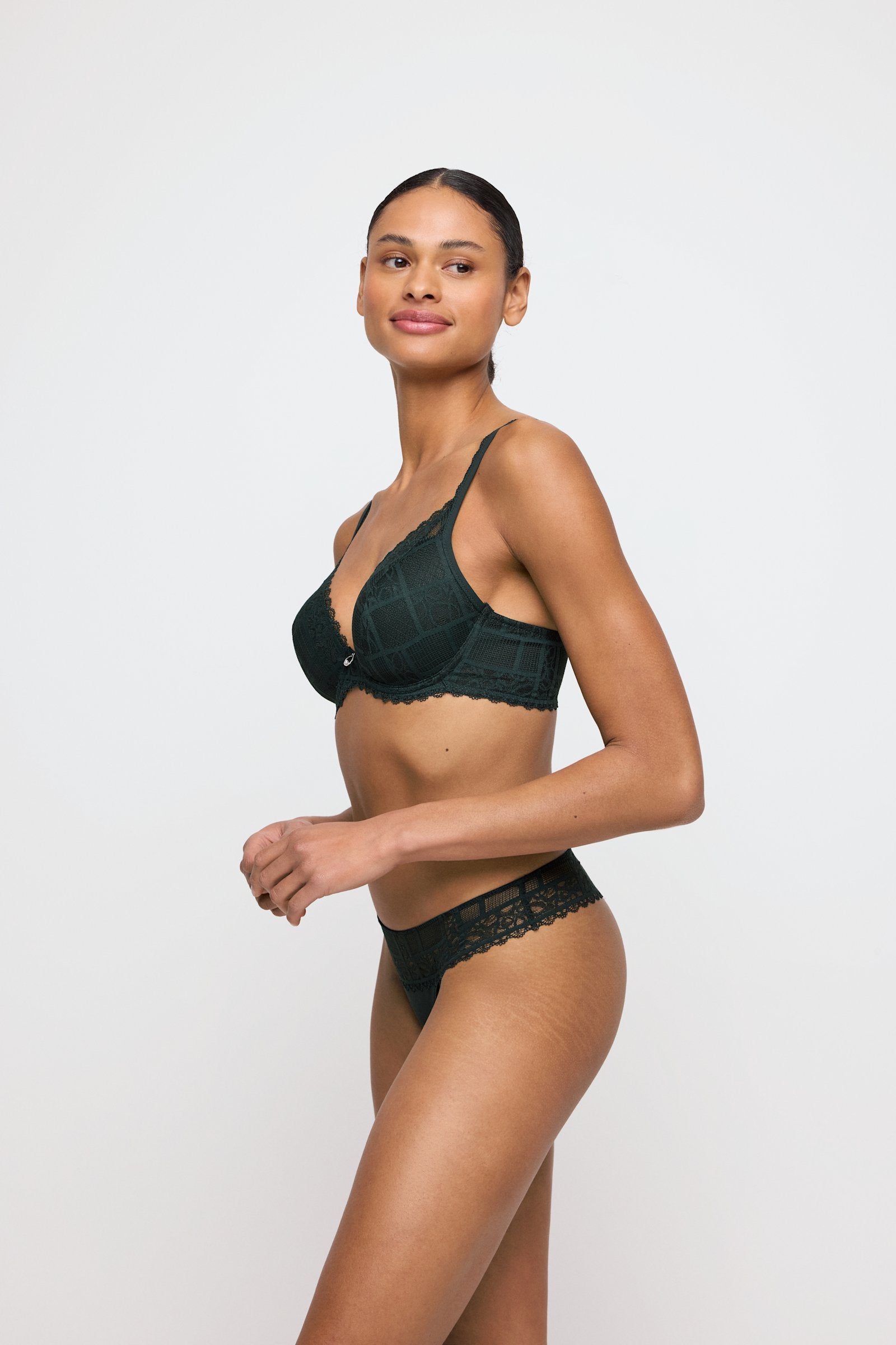 Marie Jo Jadei Padded Plunge Bra styled on model in Deep Forest