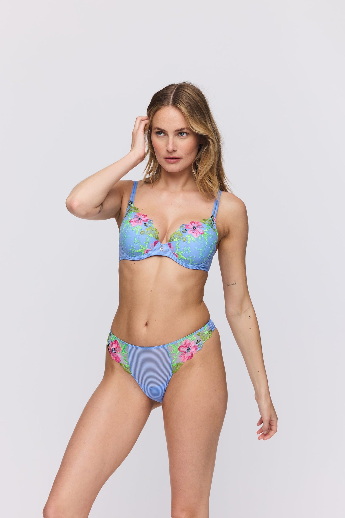 Marie Jo Odilly Plunge Bra styled on model in Santorini Blue