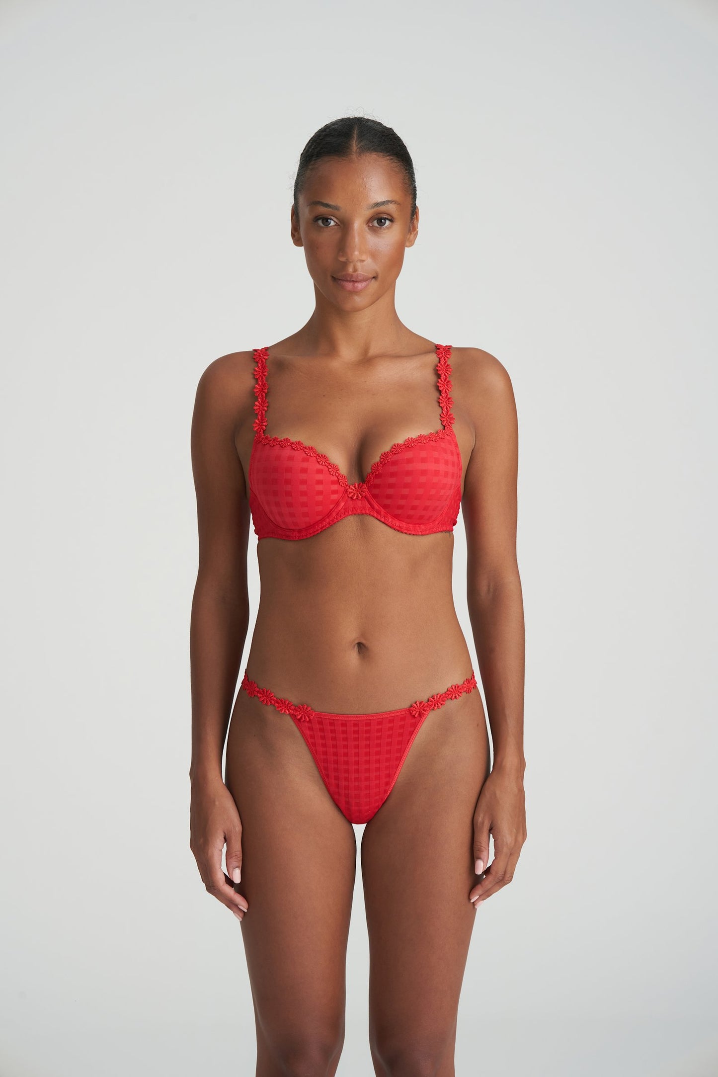Marie Jo Avero Push-Up Bra styled on model in Scarlet