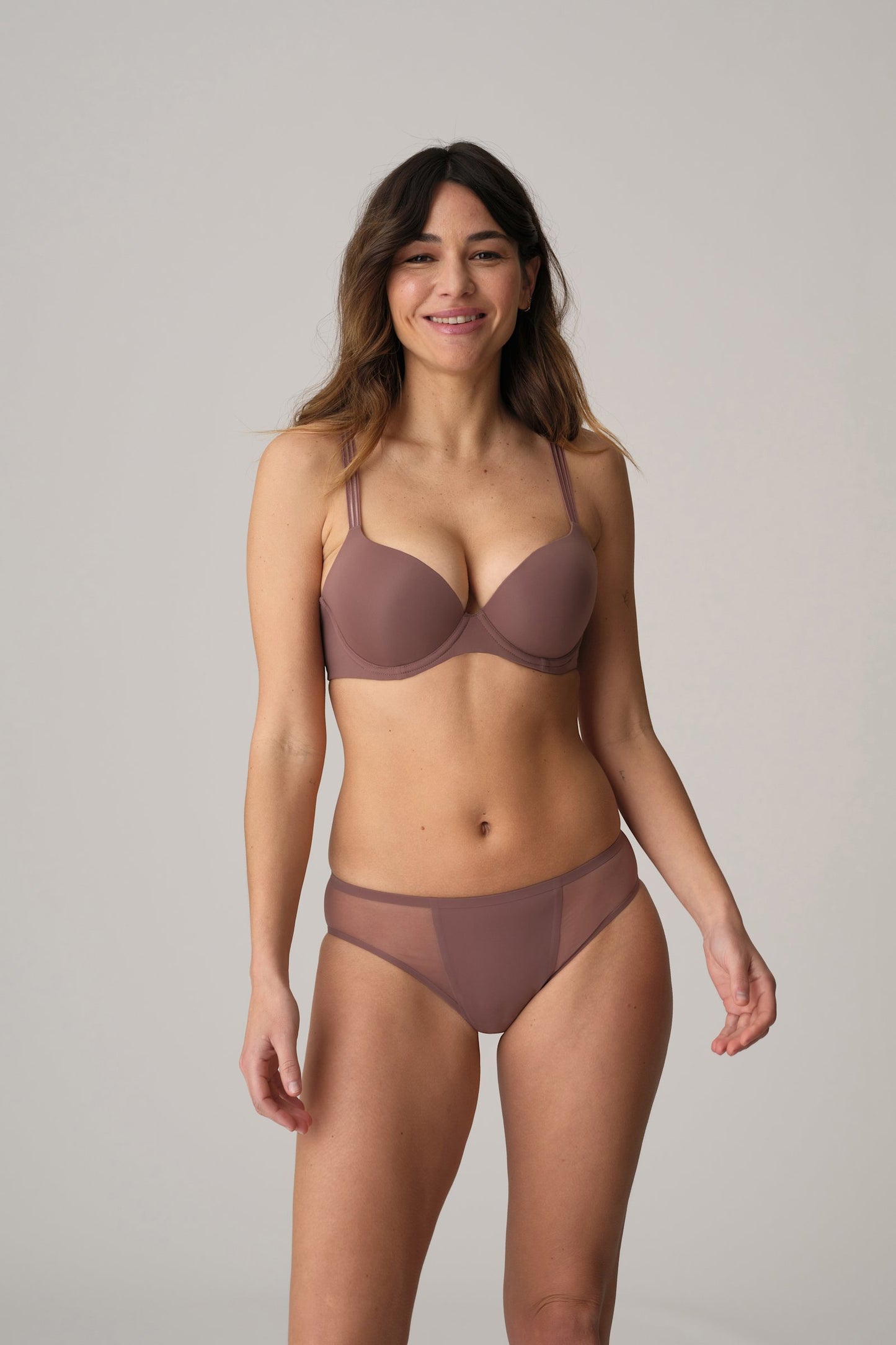 Marie Jo Louie Push-Up Bra styled on model in Satin Taupe