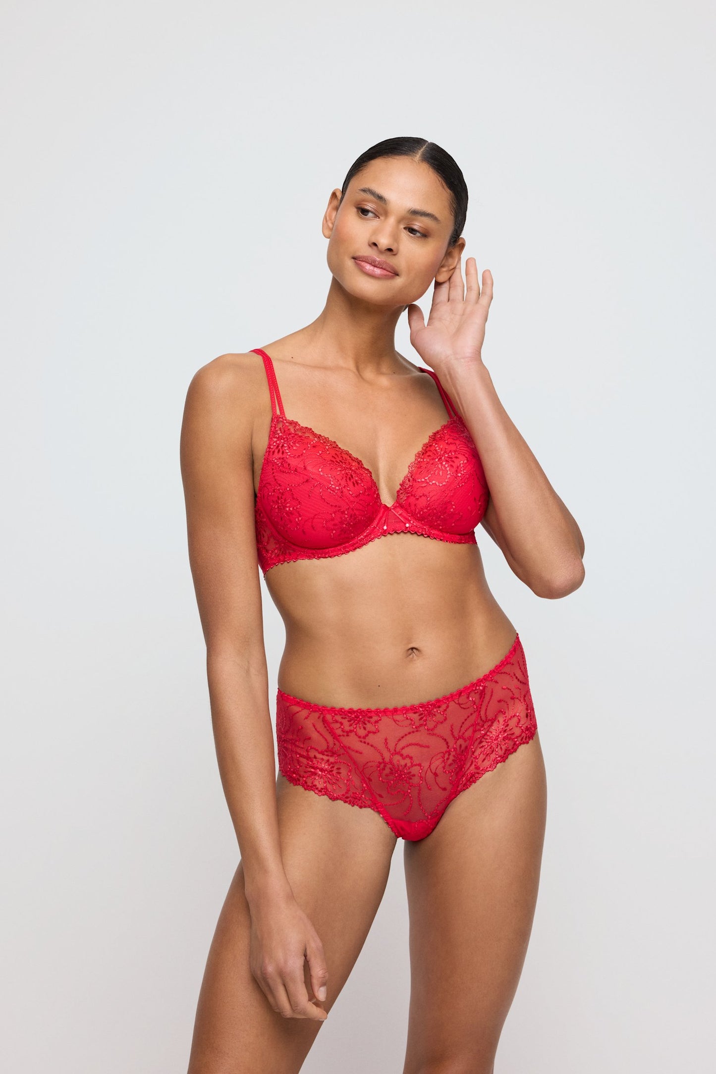 Marie Jo Jane Luxury Thong styled on model in True Red