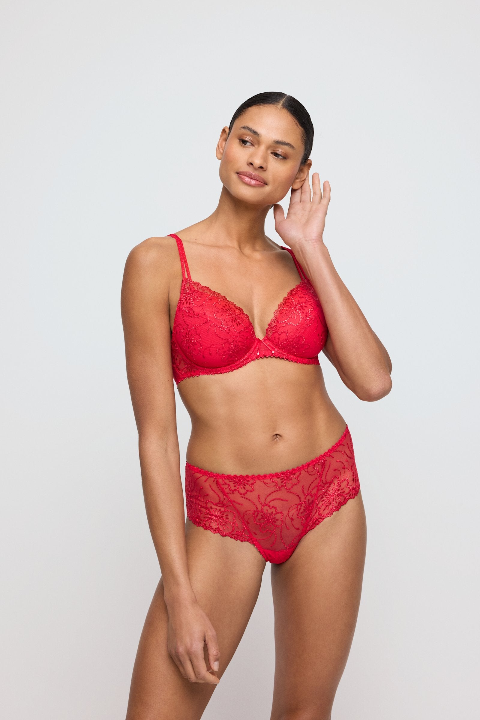 Marie Jo Jane Luxury Thong styled on model in True Red